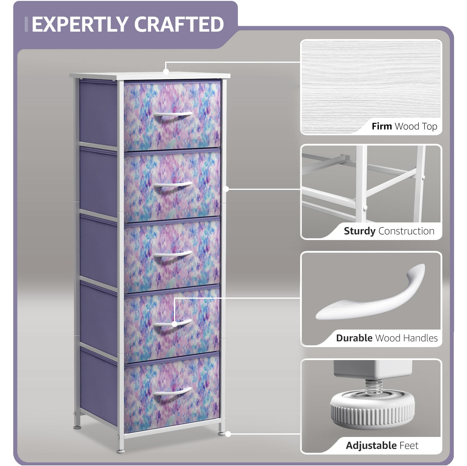 Sorbus Kids Dresser with 5 Fabric Drawers - Tall Storage Tower & Clothing Organizer for Bedroom, Nursery, Playroom - Steel Frame with Wood Handles (Tie-Dye Purple) | Perfect for Organizing Toys, Clothes & Accessories in Children's Rooms