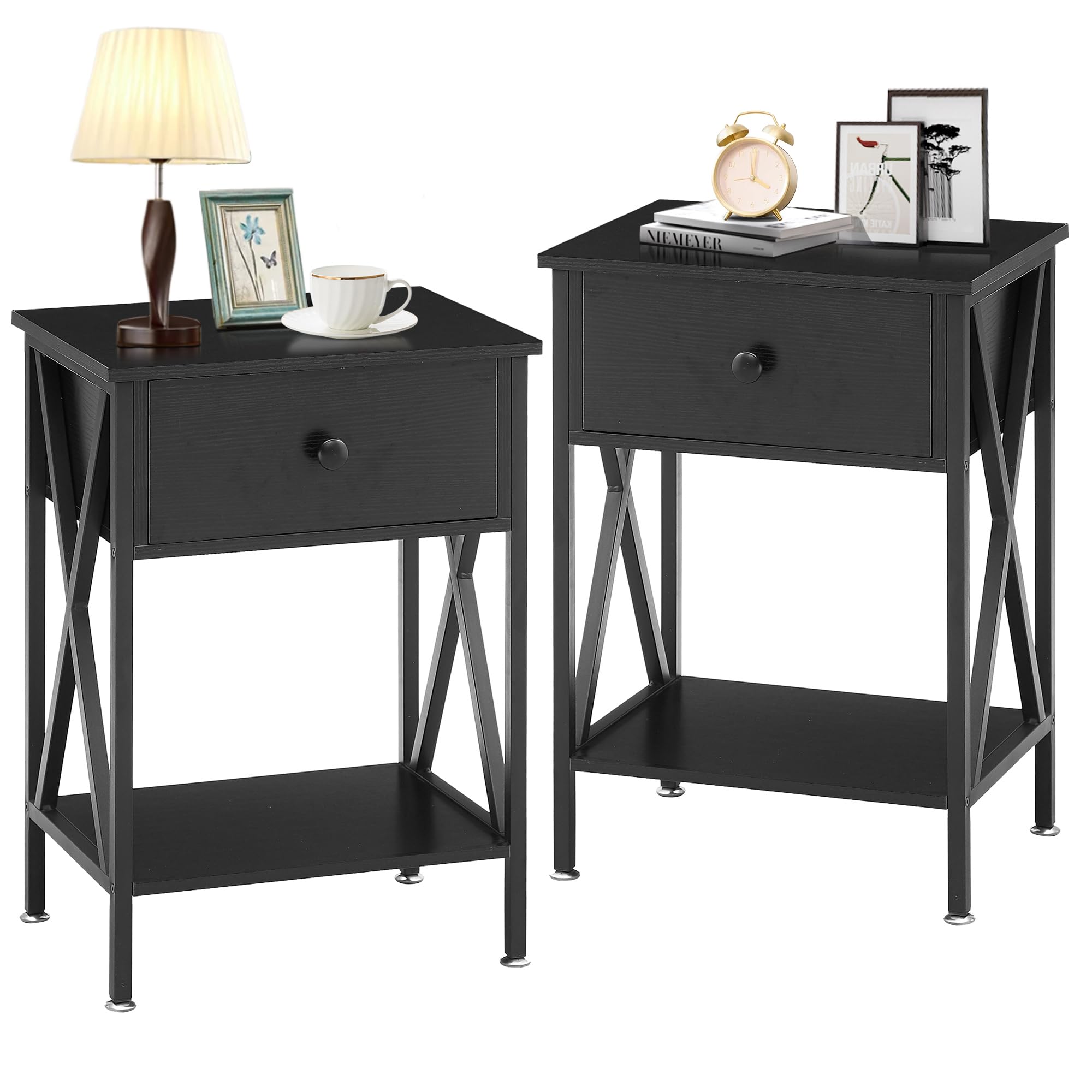 VECELO Modern Nightstand with Drawer & Storage Shelf - Black End Table for Bedroom, Living Room, Office & Lounge - Perfect for Small Spaces & Apartment Decor