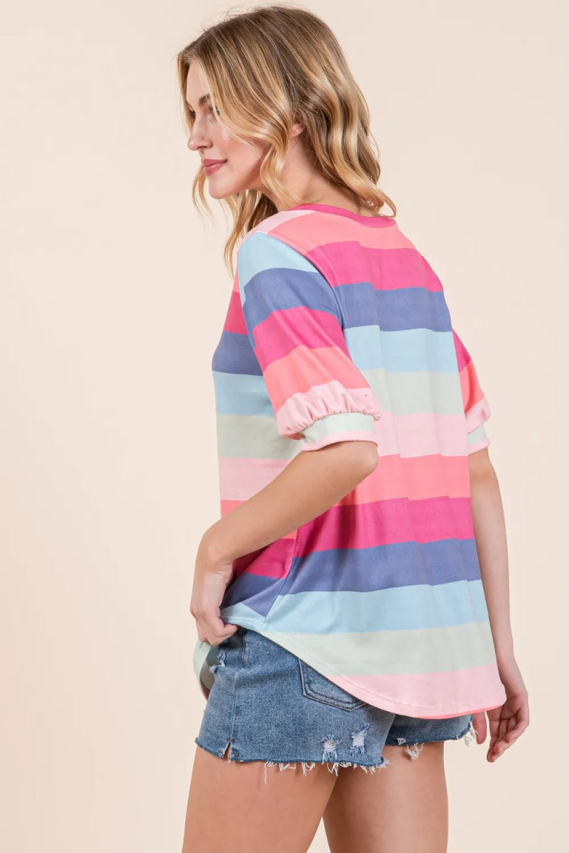 BOMBOM Women's Striped Round Neck Half Sleeve T-Shirt - Casual Summer Tee for Outfits, Beach & Daily Wear