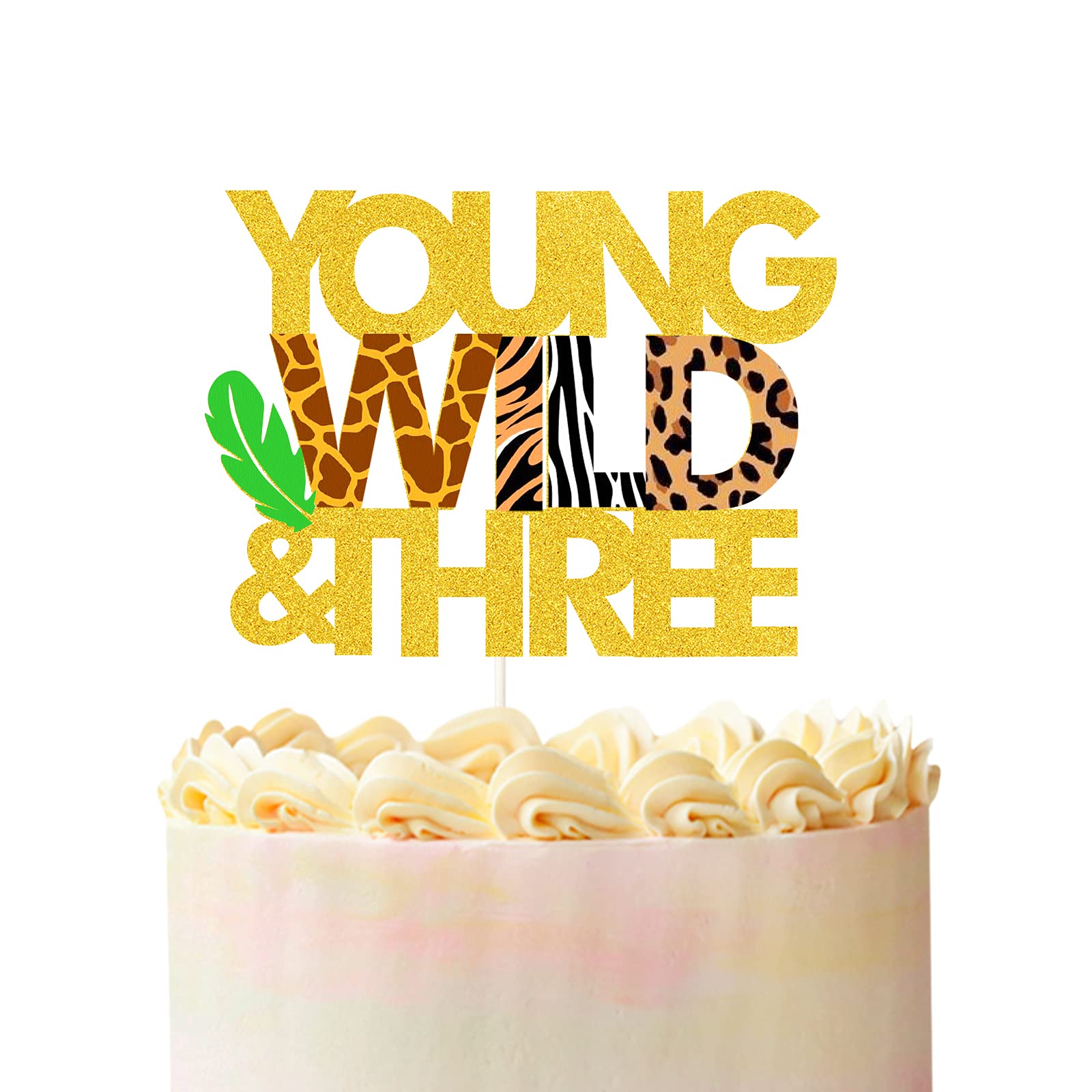 Wild Safari Jungle Animal Cake Topper - Happy 3rd Birthday Cake Decorations, Gold Glitter Baby Shower Party Supplies for Kids Birthday & Jungle Theme Celebrations