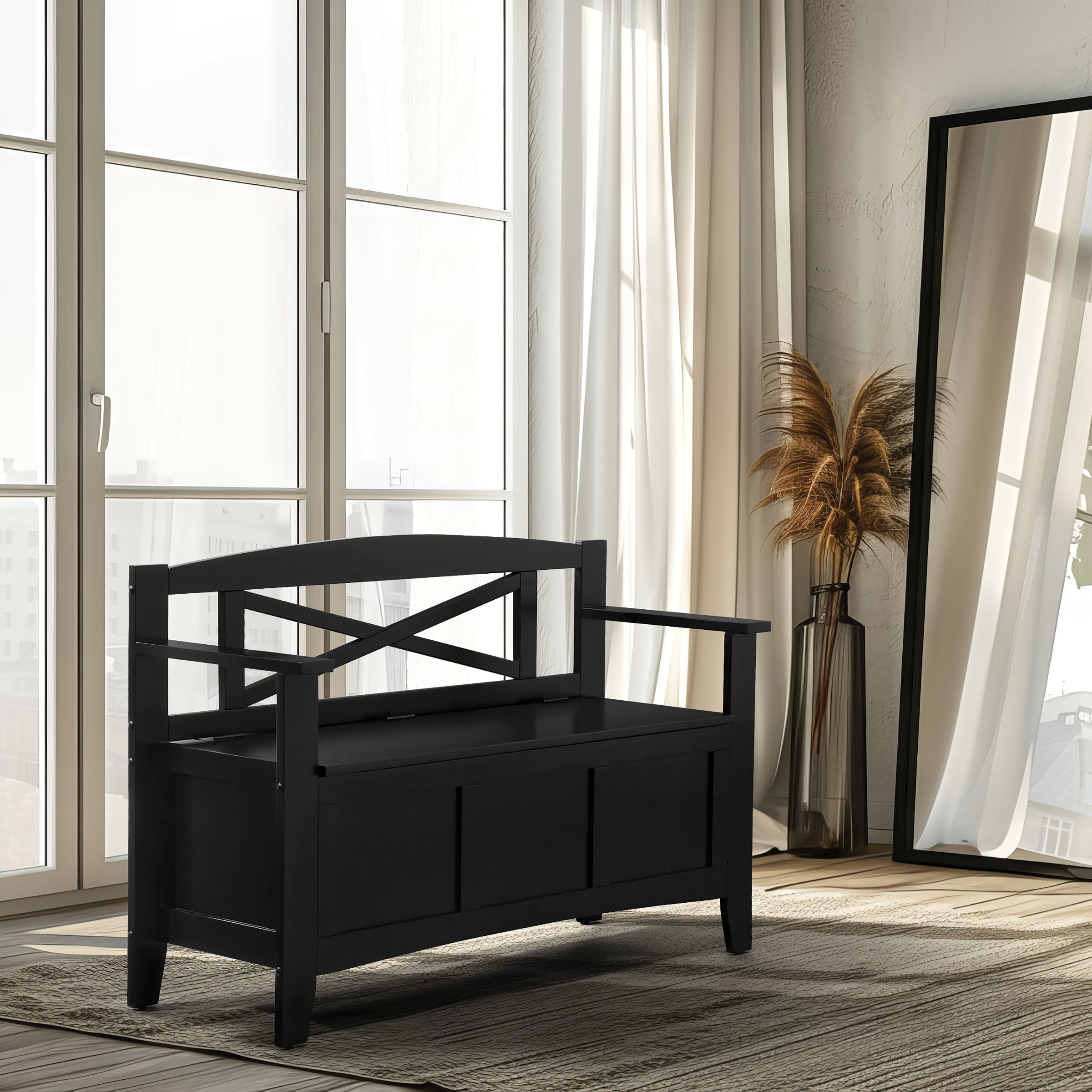 OSP Designs Modern Metro Entryway Bench in Black - Stylish and Durable Hallway Seating for Small Spaces [MET42] - Perfect for Entryways, Hallways, and Mudrooms