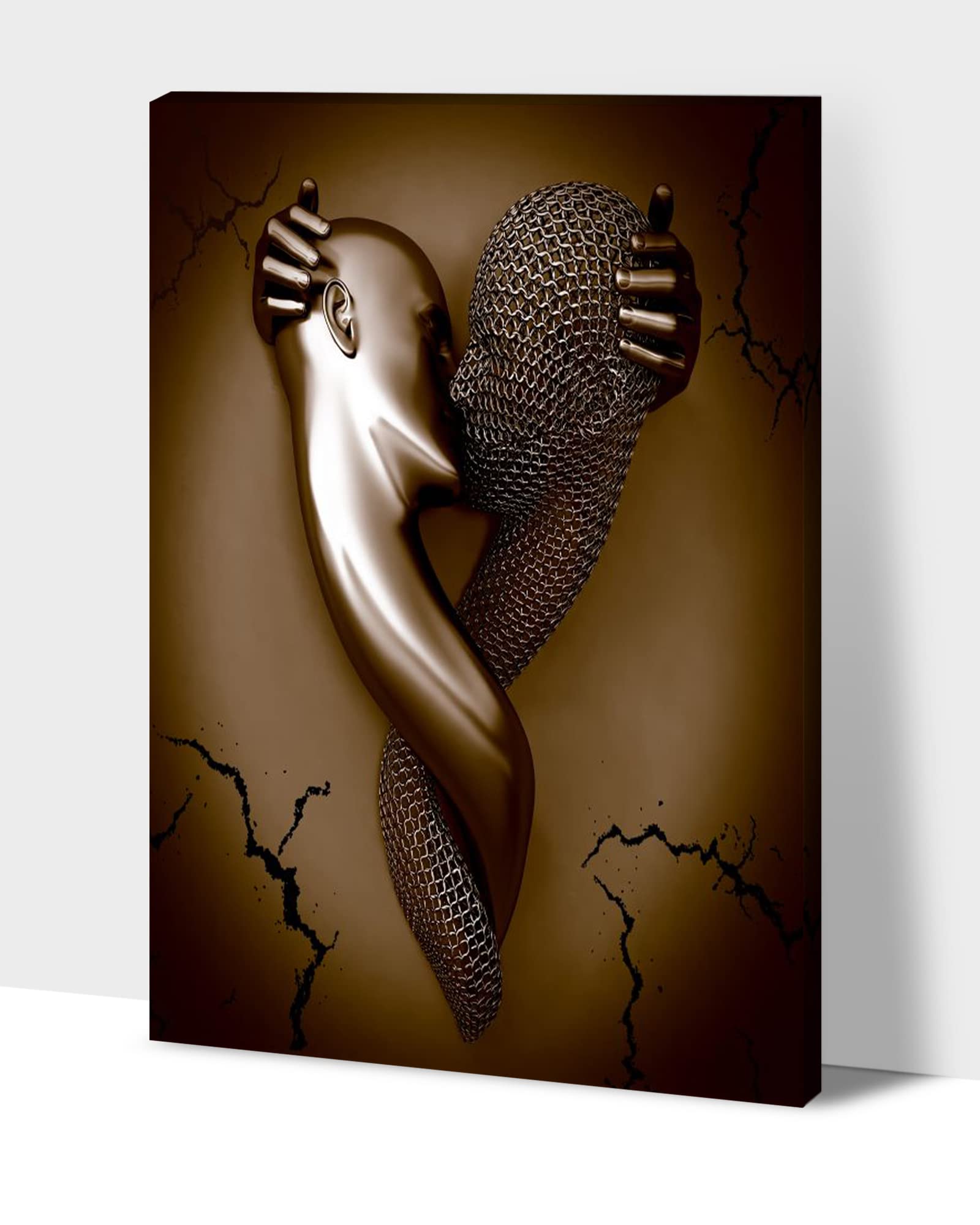 3D Metal Effect Love Heart Gray Wall Art - Romantic Hugging Couple Canvas Painting for Bedroom & Living Room - Valentine's Day Gift for Couples (28x40 Inches) - Perfect for Home Decor, Wedding Anniversary Present, and Housewarming Gift
