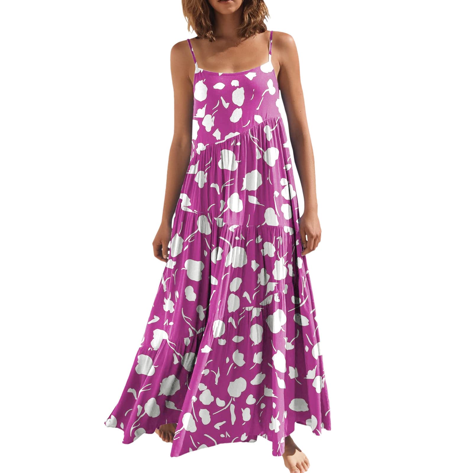 Floral Summer Maxi Dress for Women - Loose Casual Spaghetti Strap Long Cami Dress with Leaf Print | Beach Cover Up, Vacation Wear, Boho Outfit, Festival Fashion