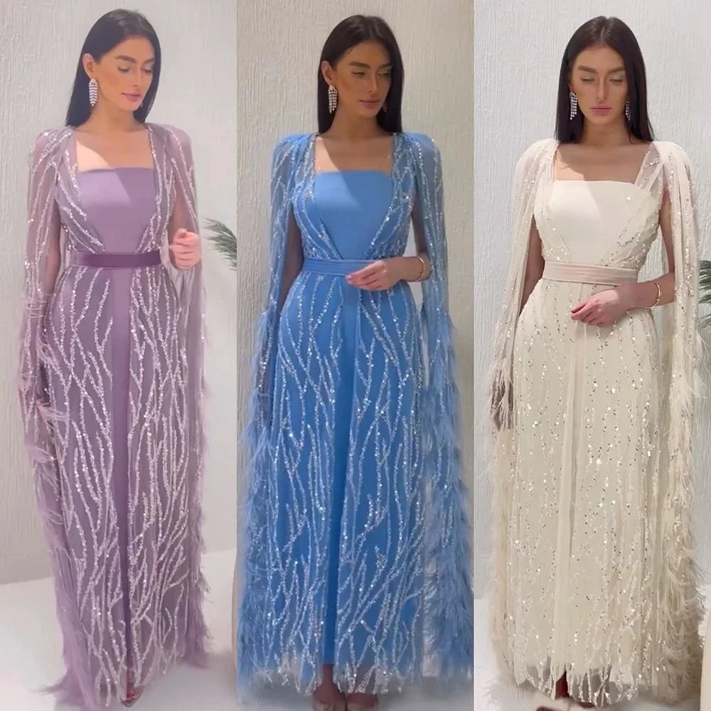 Serene Hill Ivory Mermaid Evening Gown with Elegant Feather Cape & Beaded Square Neckline - Luxury Moroccan Caftan Dress LA71748 for Weddings, Galas & Formal Events