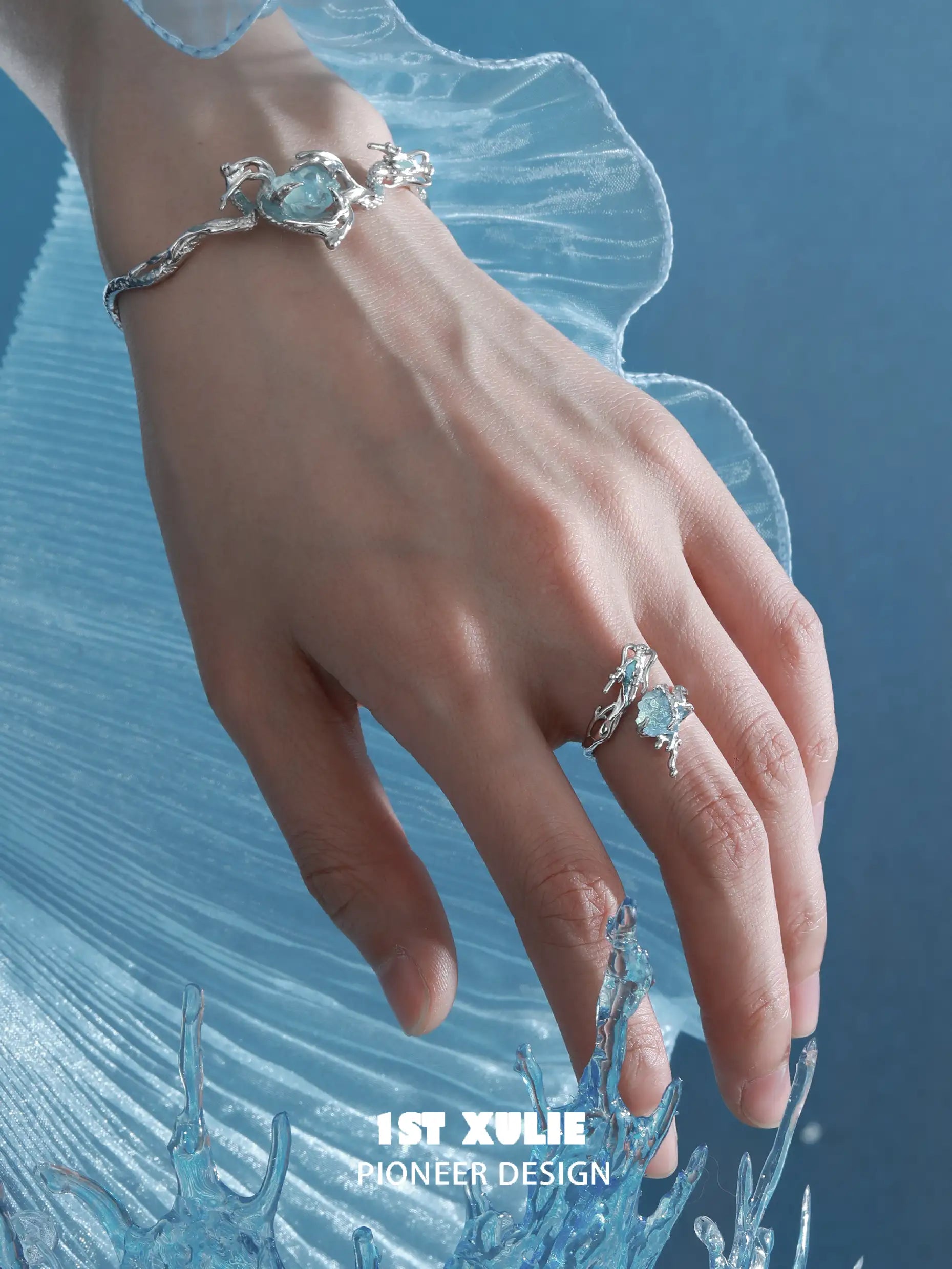 Loong Ling Loong Aquamarine S925 Sterling Silver Adjustable Open Ring for Women - Elegant Stackable Boho Jewelry Gift for Birthday, Anniversary & Everyday Wear