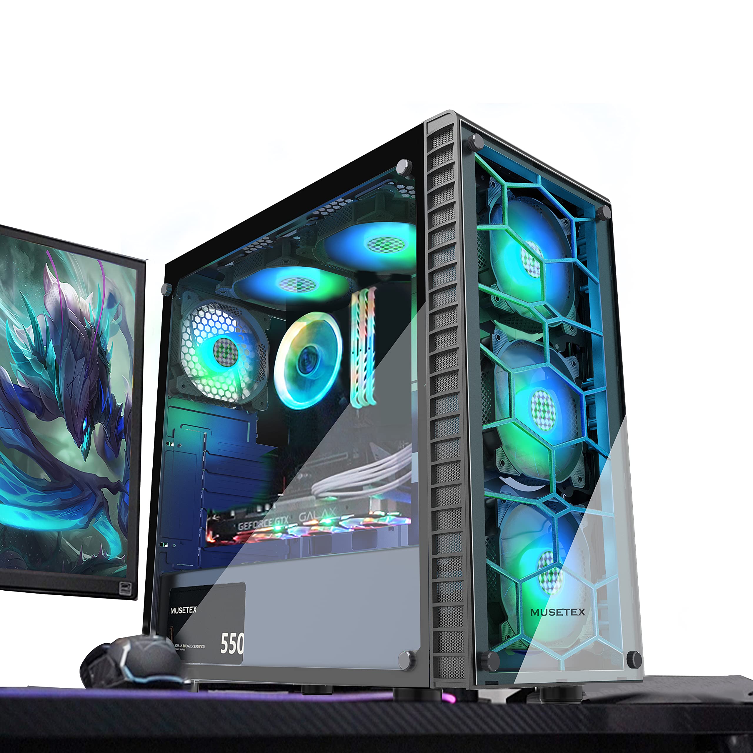 MUSETEX Black ATX Mid-Tower PC Gaming Case with 2 Tempered Glass Panels, USB 3.0 Ports & 6x 120mm ARGB Fans - High Airflow Computer Case for Gaming Rigs, Workstations & Custom PC Builds