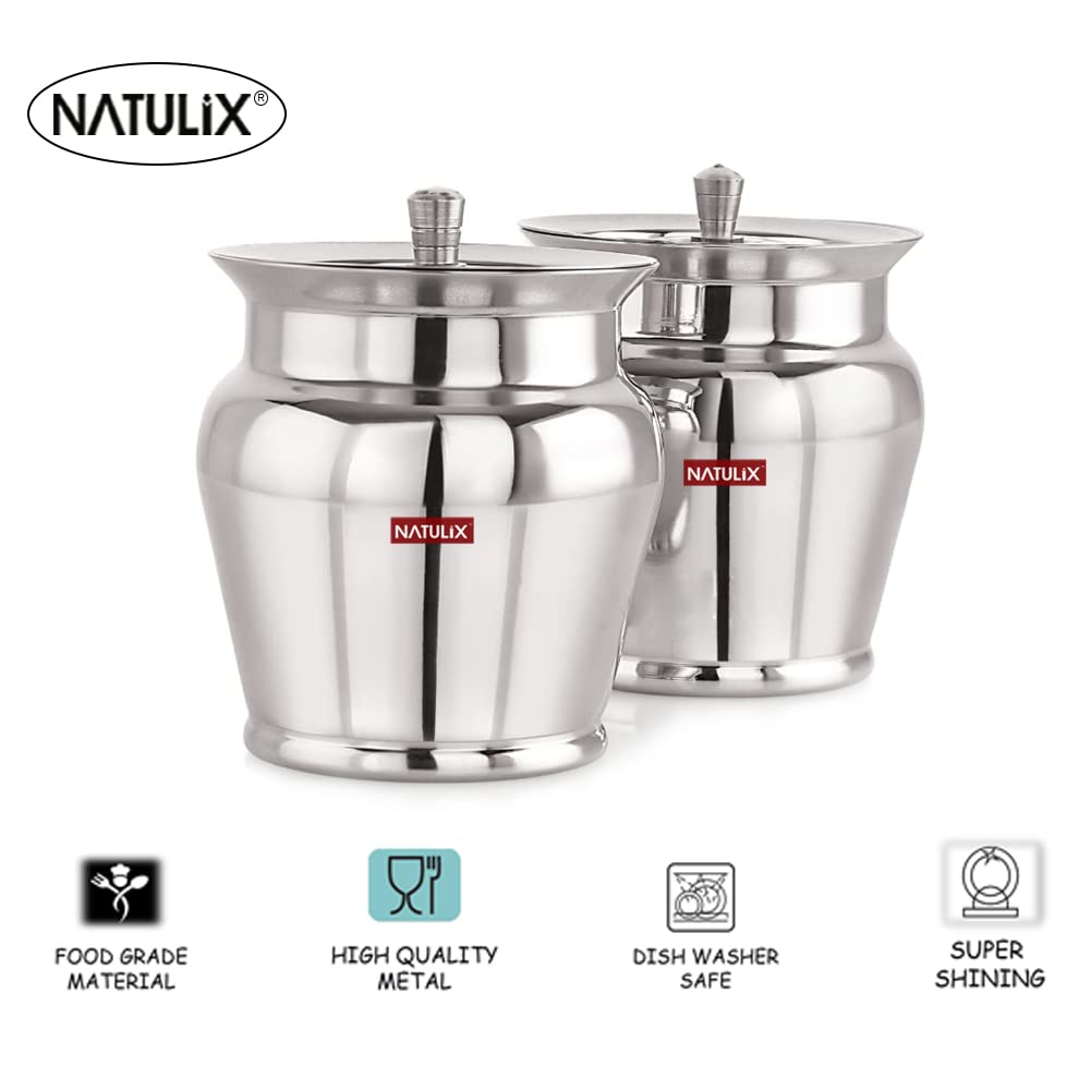 Premium NATULIX Stainless Steel Ghee Pot with Spoon & Lid - 400ml (Pack of 2) - Silver - Ideal for Cooking, Storage & Serving Organic Ghee, Butter & Oils