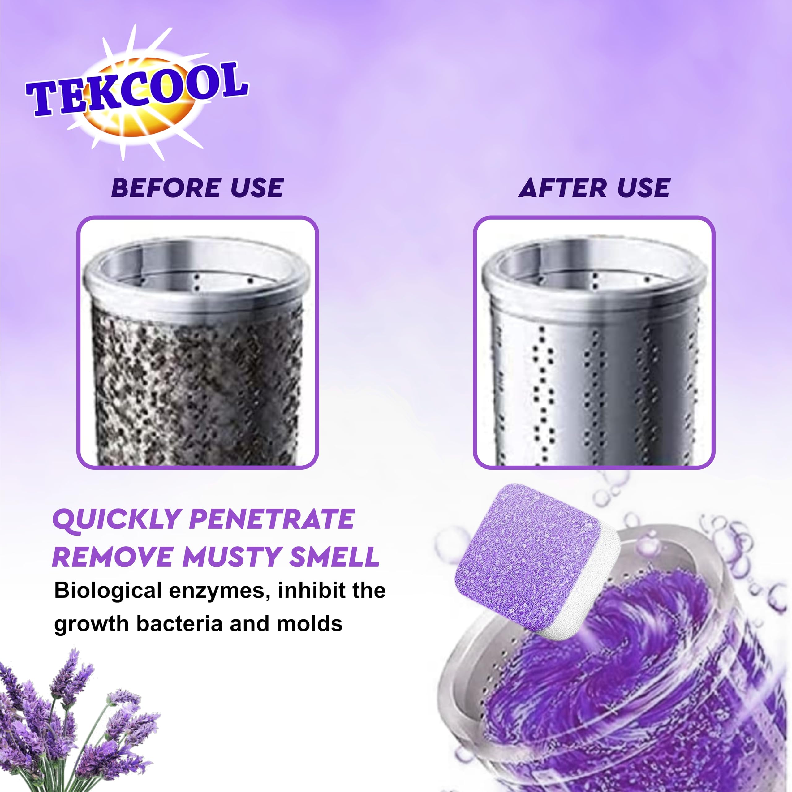 TEKCOOL Washing Machine Cleaner Tablets - 24 Pack Lavi Lavender Scented Descaling Powder for Deep Cleaning Front & Top Load Washers | Removes Odor, Mold & Residue | Ideal for Laundry Day, Home Cleaning & Appliance Maintenance