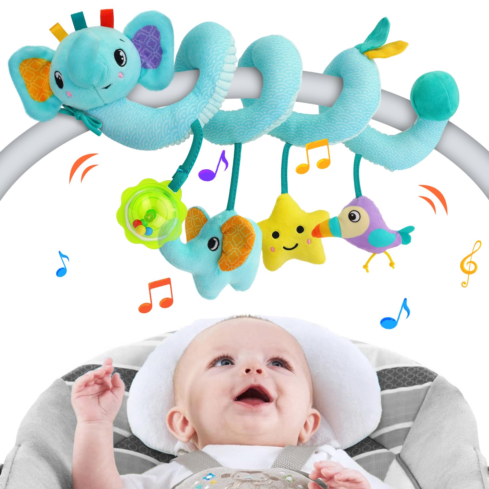FPVERA Spiral Car Seat Activity Toy - Baby Crib Hanging Toy with Rattle, Squeaker & Bell for Bassinet, Stroller, Infant Car Seat | Newborn Developmental Toy for Boys & Girls 0-12 Months | Perfect for Road Trips, Stroller Walks & Nursery Playtime