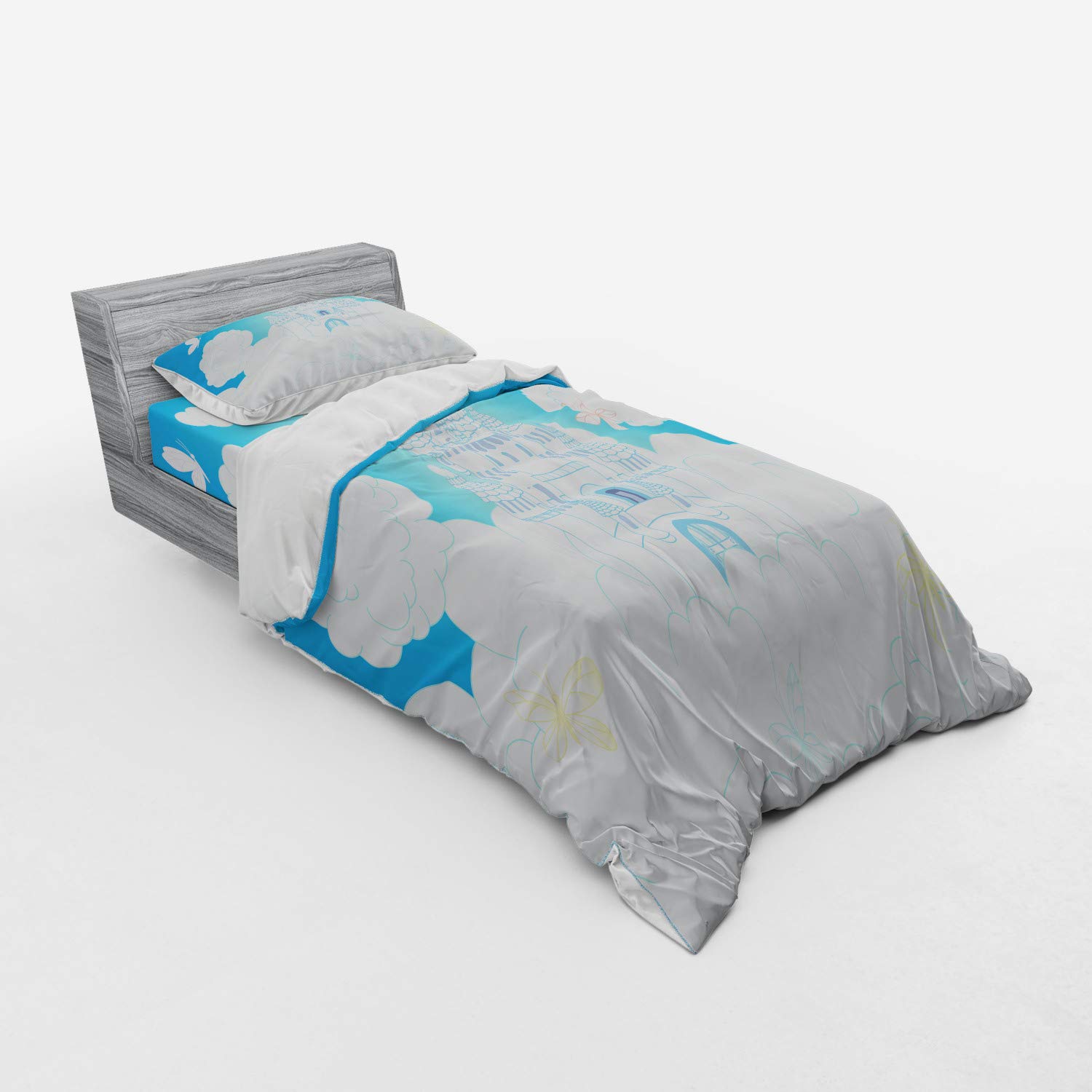 Ambesonne Fairy Tale Castle Bedding Set - 3 Piece Duvet Cover with Pillow Sham & Fitted Sheet, Twin Size, White & Sky Blue Cloud Butterfly Print - Perfect for Kids' Rooms, Fantasy Themed Bedrooms & Gift Giving