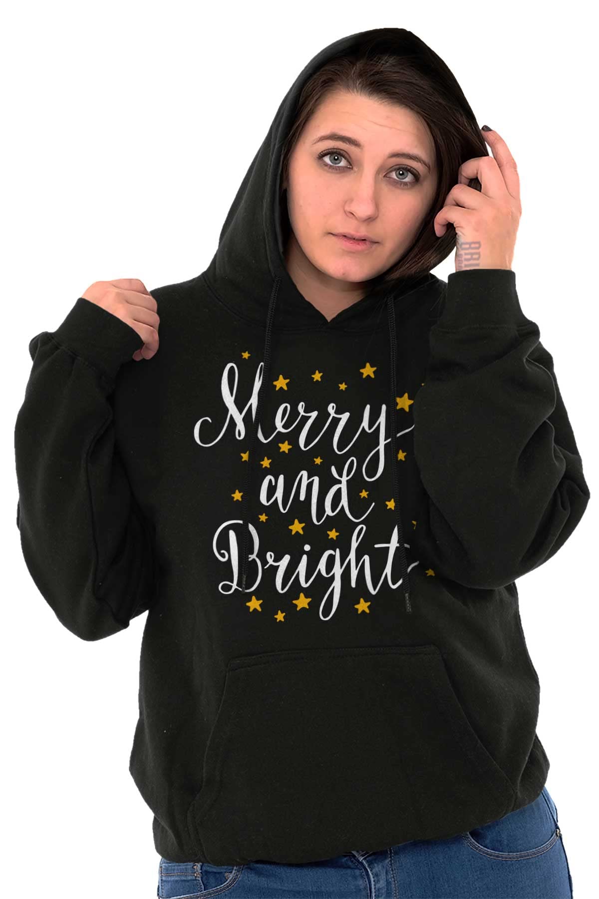Christmas Merry and Bright Star Hoodie Sweatshirt for Women - Cozy Holiday Pullover with Festive Design - Perfect for Winter Parties, Gift Exchanges & Seasonal Photoshoots
