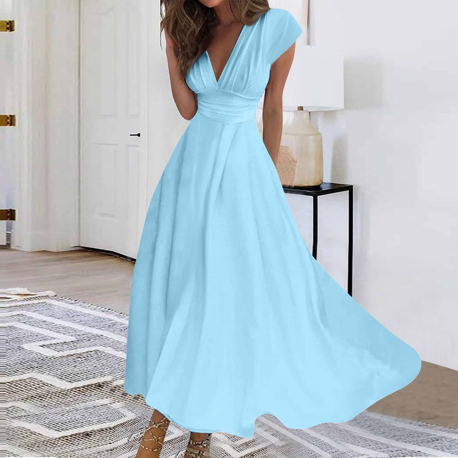 Women's Floral Chiffon Maxi Dress - Elegant V-Neck Ruffled Swing Dress with Short Sleeves for Casual Wear | Perfect for Summer Outings, Beach Vacations, and Date Nights