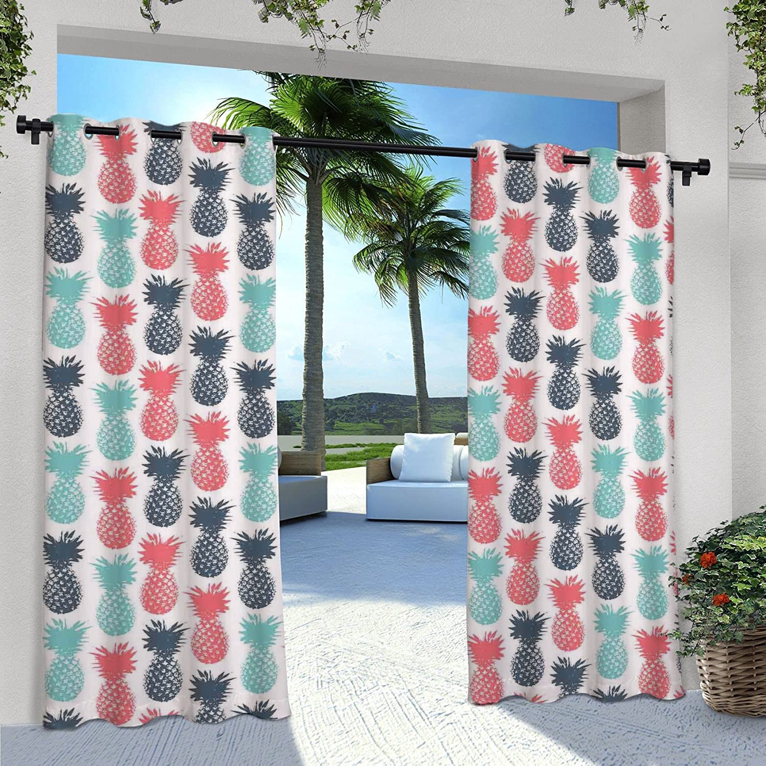 Waterproof Pineapple Tropical Outdoor Curtains for Patio - Sun Blocking Privacy Curtain with Pineapple Fruit Pattern, Perfect for Front Porch, Pergola, Deck & Backyard - Salmon Blue Gray (Use for Tropical Themed Parties, Beach House Decor & Summer Outdoor Living Spaces)