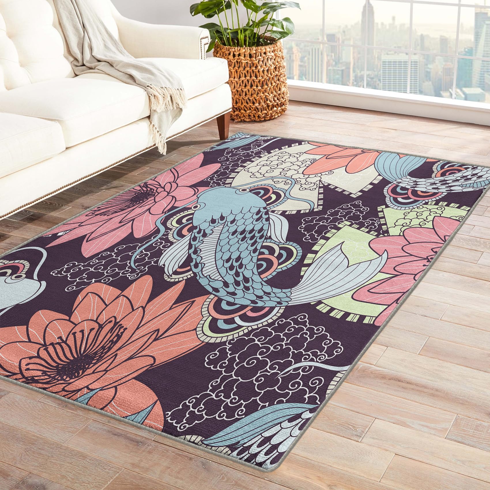 ZDABAOEC Koi Fish Area Rug 4x6 ft - Chinese Japanese Style Washable Non-Slip Indoor Carpet for Bedroom, Living Room, Entryway - Floral Koi Pattern Home Decor Rug | Perfect for Zen Decor, Asian-Themed Rooms & Cozy Spaces