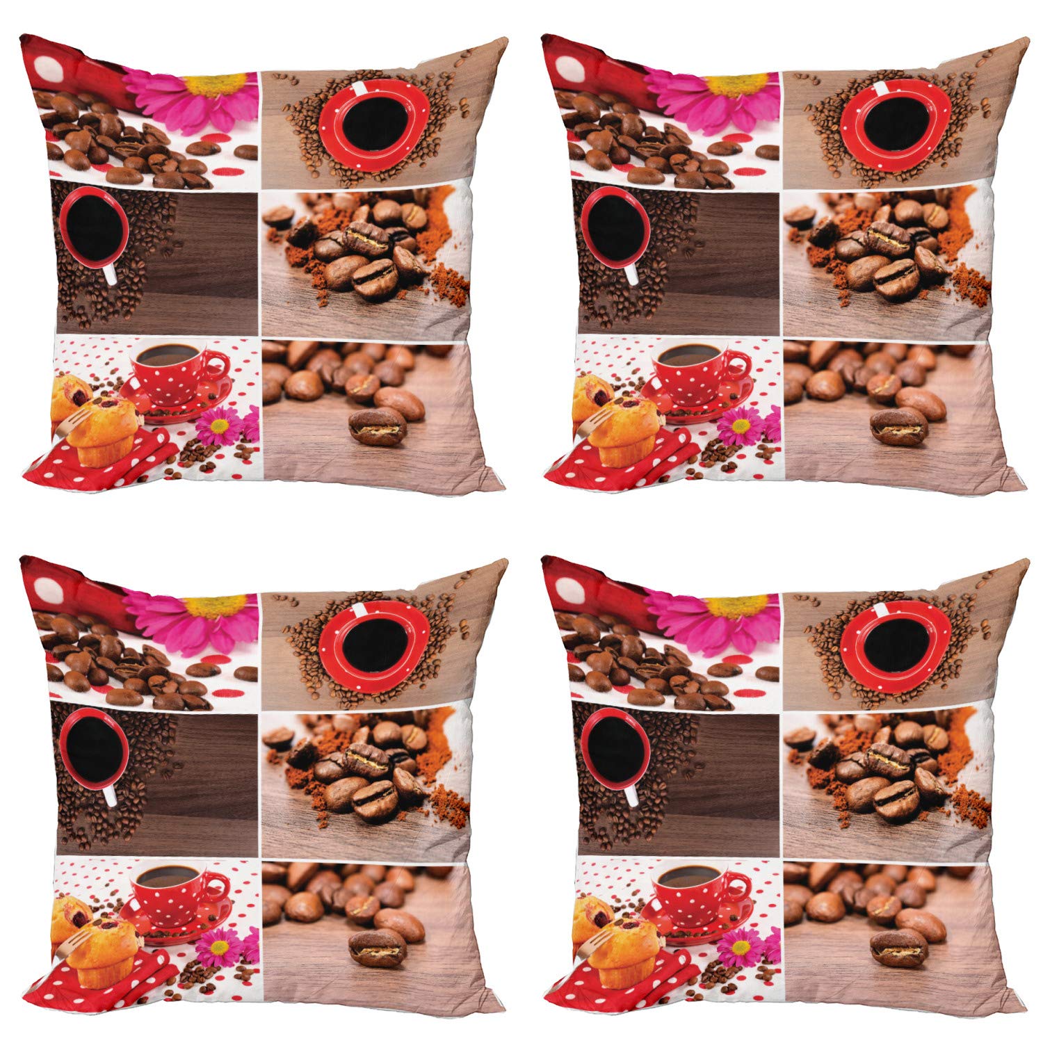 Ambesonne Coffee Themed Decorative Throw Pillow Covers Set of 4 - Collage of Coffee Mugs, Polka Dots, Flowers, Beans & Muffins Photography - 16 Inch Brown Red Cushion Covers for Sofa, Living Room, Bedroom & Car Decor - Perfect for Coffee Lovers & Home Decor Enthusiasts