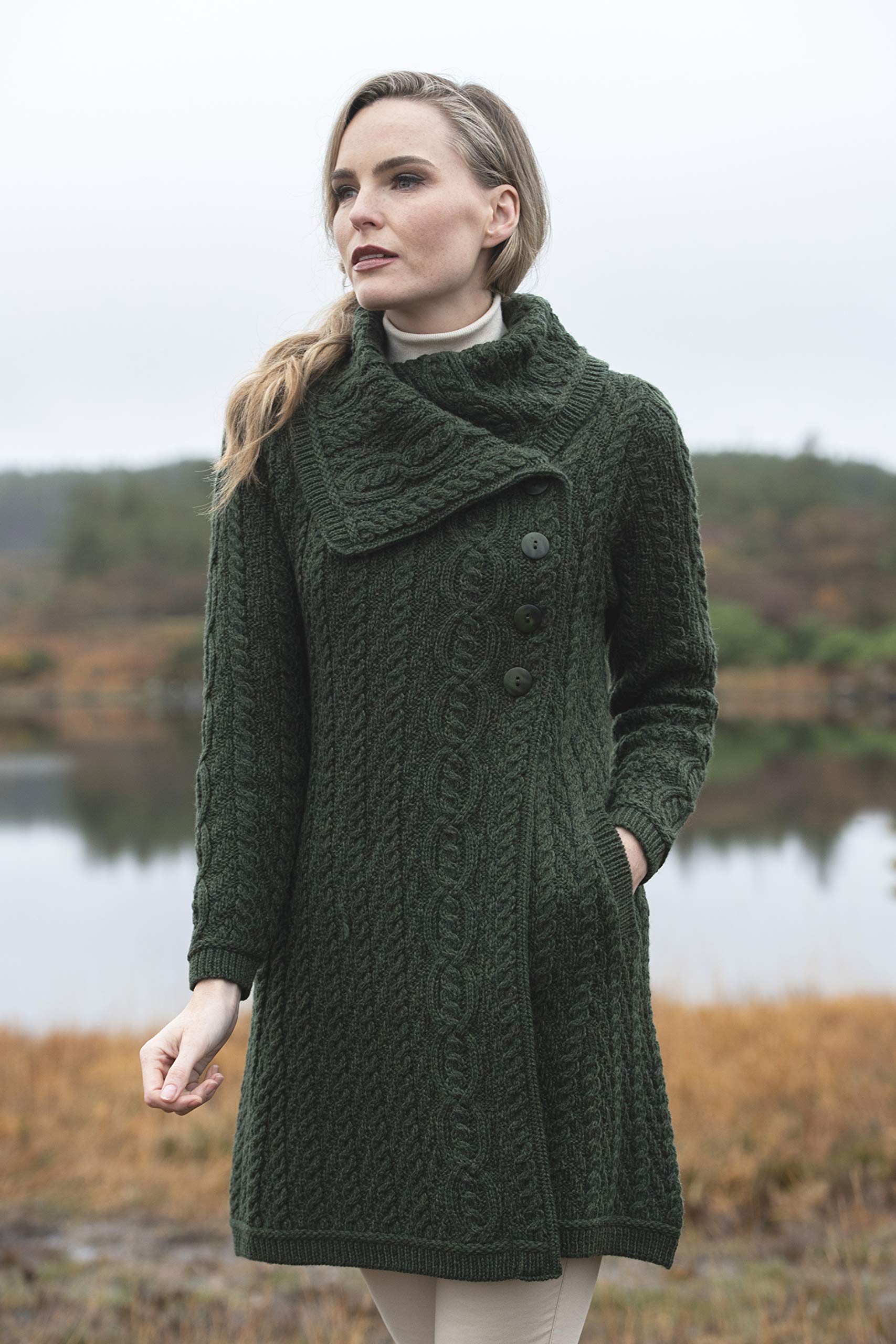 Aran Crafts Women's Cable Knit Soft Collar 3 Button Coat - 100% Merino Wool Winter Jacket for Women | Warm & Stylish Outerwear for Fall, Winter & Holiday Season