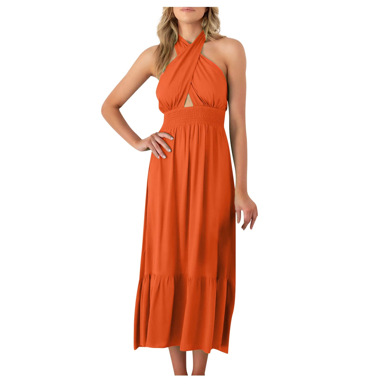 Elegant Women's Summer Cocktail Dress - Sleeveless Solid Color Halter Strap Swing Long Jersey Dress for Parties, Weddings & Date Nights