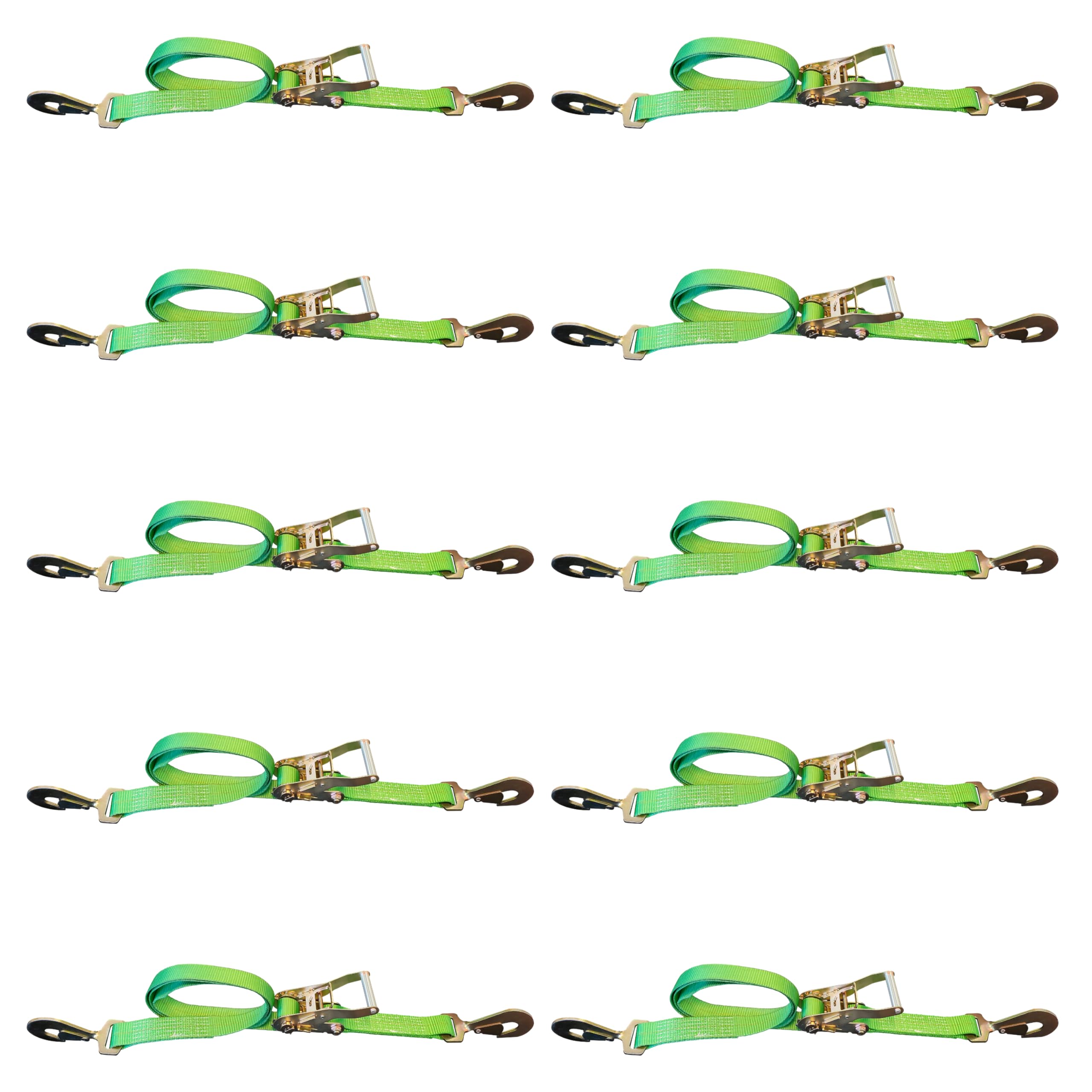 2 Inch x 10 Foot Heavy Duty Ratchet Straps with Twisted Snap Hooks - 3,333 lbs Capacity, Green Tie Down Straps for Flatbed Trailers, Trucks & Cargo Securing (10-Pack) - Perfect for Transporting Motorcycles, ATVs & Construction Equipment