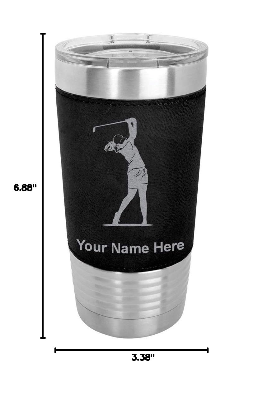 LaserGram 20oz Vacuum Insulated Stainless Steel Tumbler Mug with Personalized Engraving - Leakproof Travel Coffee Cup for Golfers & Women - Faux Leather Handle, Black - Perfect for Golf Outings, Office & Outdoor Activities