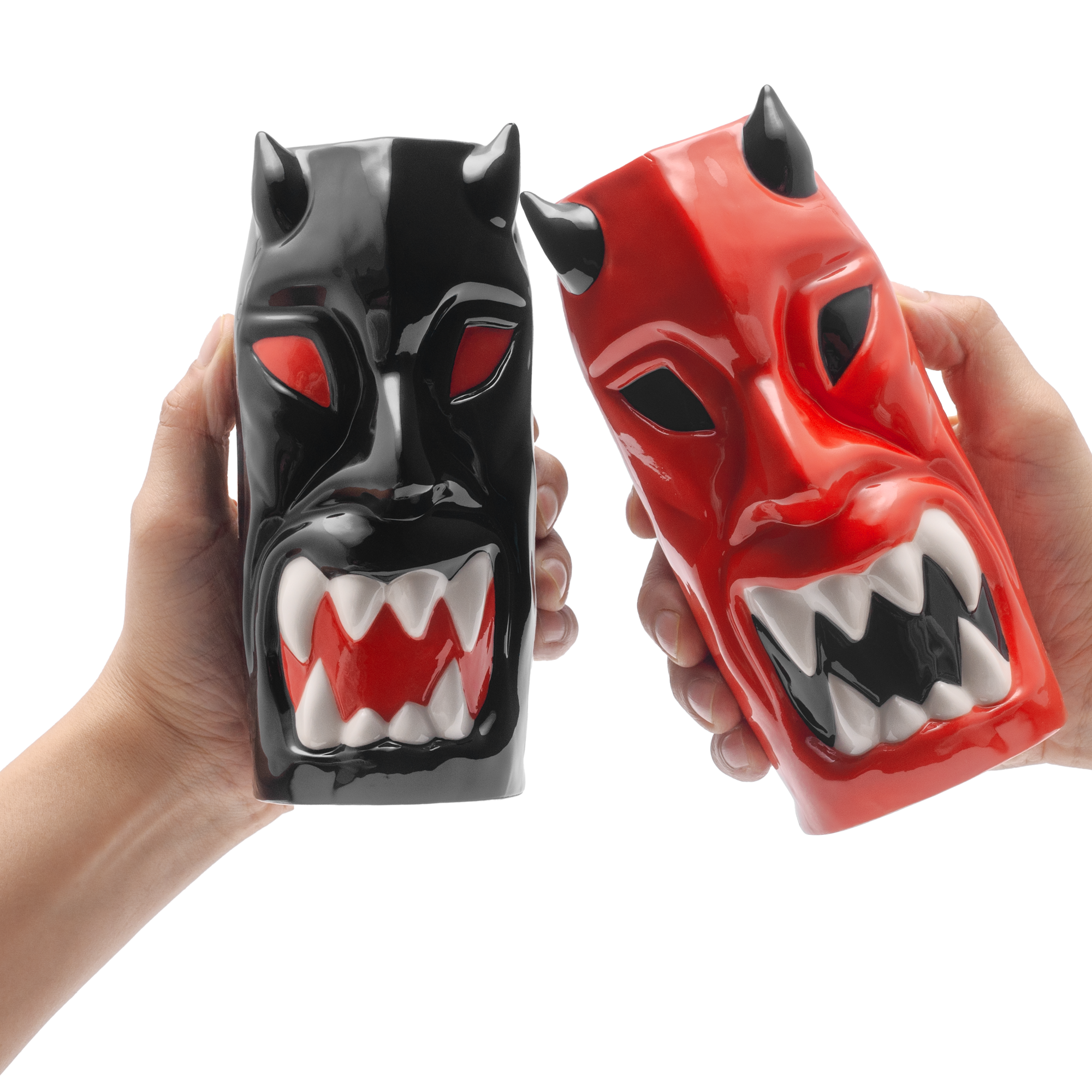Ceramic Hawaiian Tiki Mugs with Horns - Set of 4 Handcrafted Cups for Tropical Cocktails, Party Decor & Home Bar Accessories