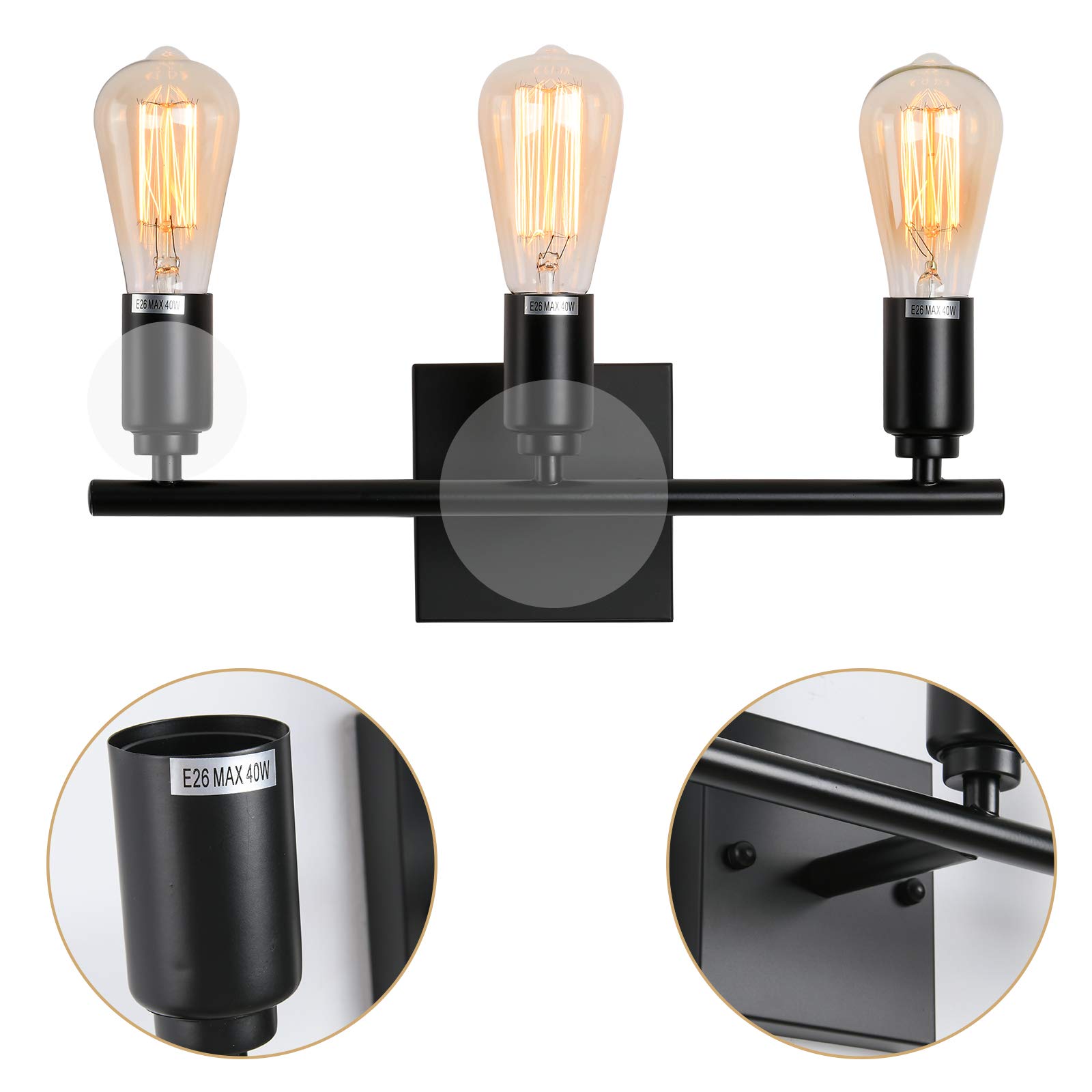 Black 3-Light Wall Sconce Lighting Fixture - Modern Vanity Lights for Bathroom, Hallway, Kitchen, Bedroom & Living Room - Perfect for Ambient Lighting and Home Decor
