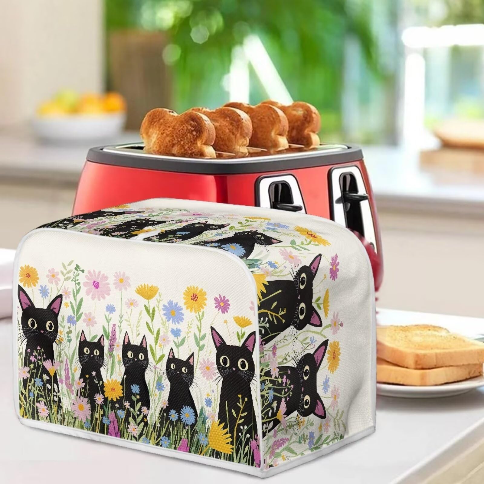 Black Cat Printed Toaster Cover - Dustproof & Fingerprint Resistant Kitchen Appliance Protector, Floral Design Microwave & Toaster Oven Cover - Cute Kitchen Decor Accessory for Home Baking & Coffee Station