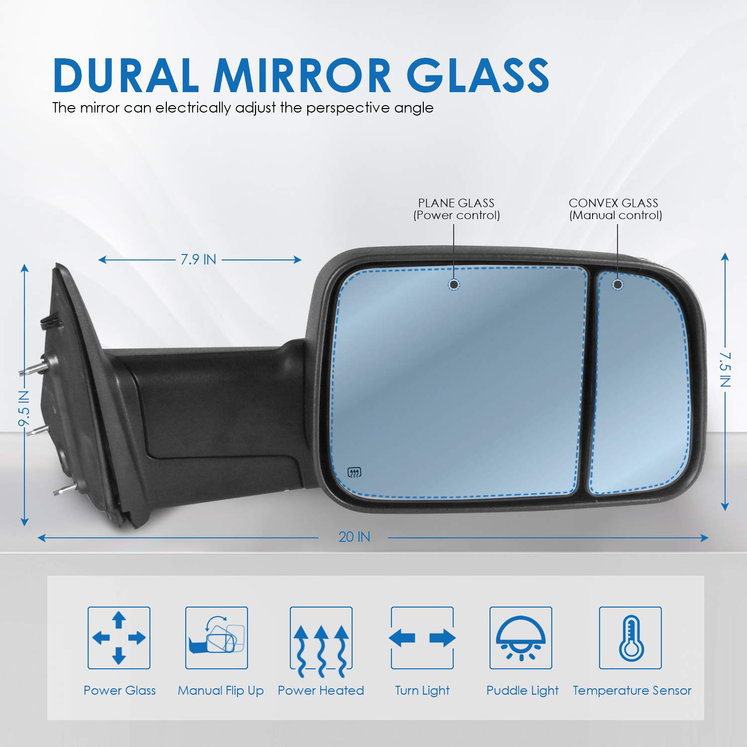 MOSTPLUS Power Heated Mirror with Foldaway LED Turn Signal & Puddle Lights - Compatible with 2009-2018 Ram 1500/2500/3500 & 2019-2023 Ram 1500 Classic (Includes Ambient Temperature Sensor) - Perfect for Winter Driving & Nighttime Visibility