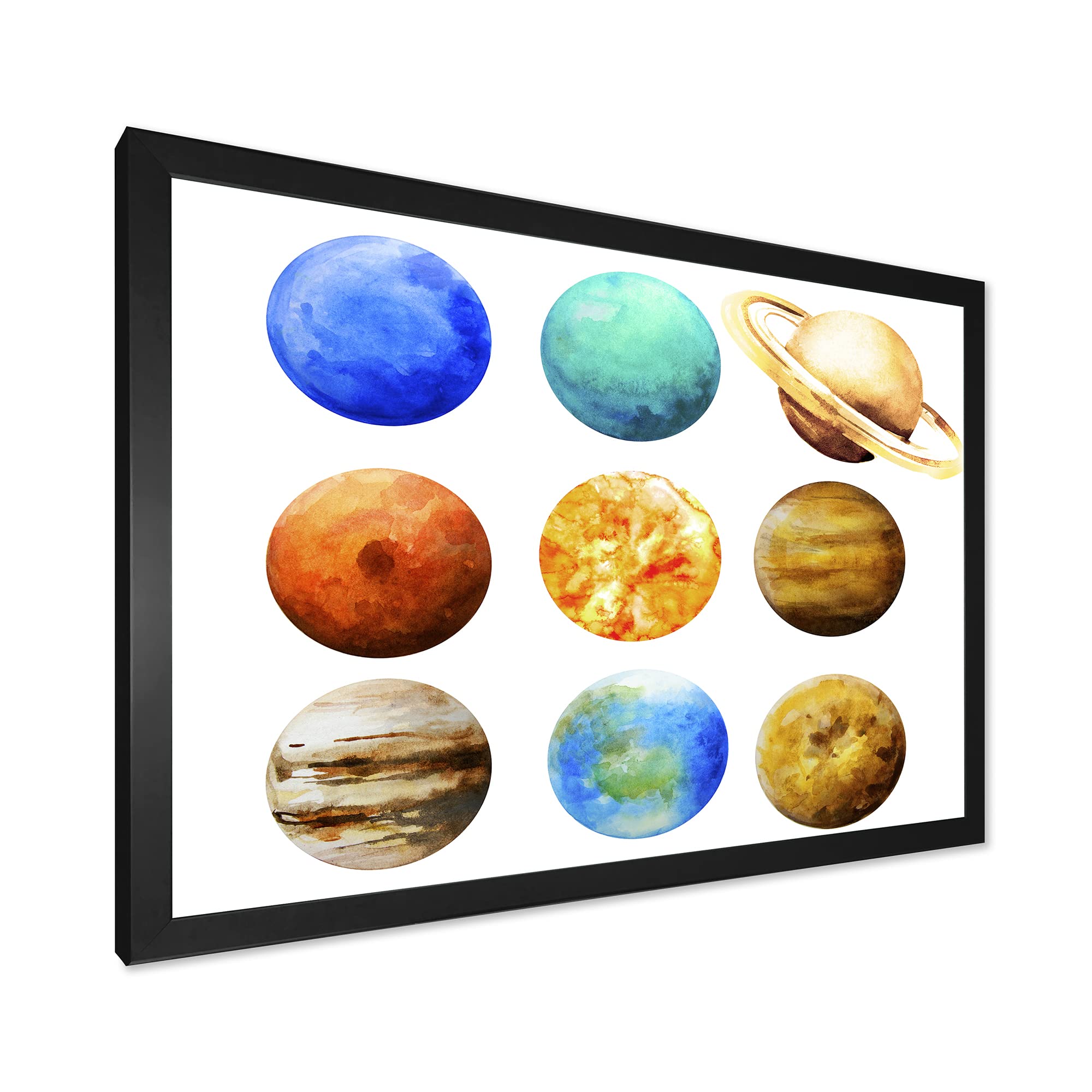 DesignQ Various Planets in Orbit Modern Framed Wall Art - Solar System Decor for Living Room, Bedroom & Office Space