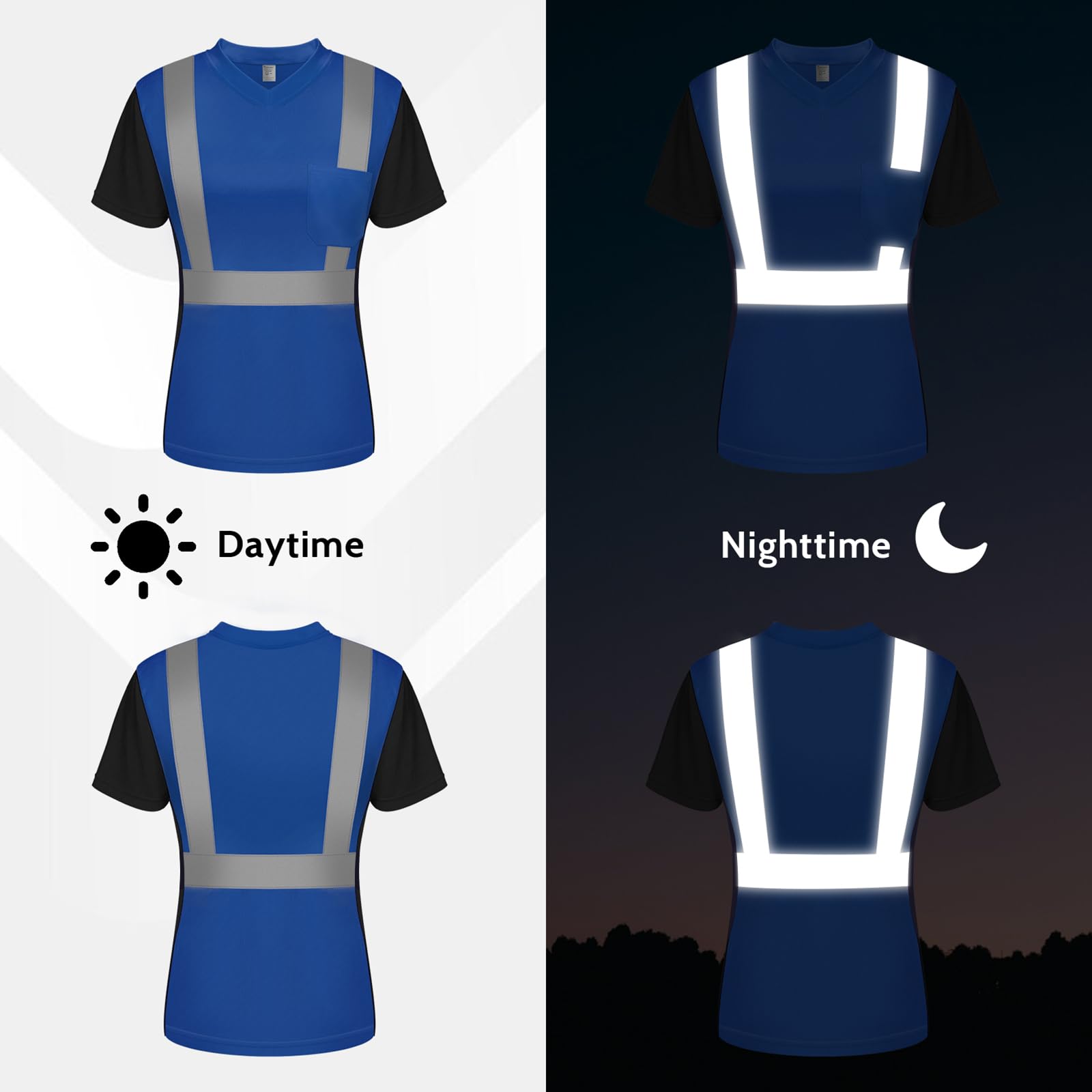 Class 3 High Visibility Blue Reflective Safety Shirts for Women - Short Sleeve Breathable Hi-Vis Work Shirts with Black Bottom | ANSI Certified for Construction, Road Work & Night Safety (UWPJ-Blue M)