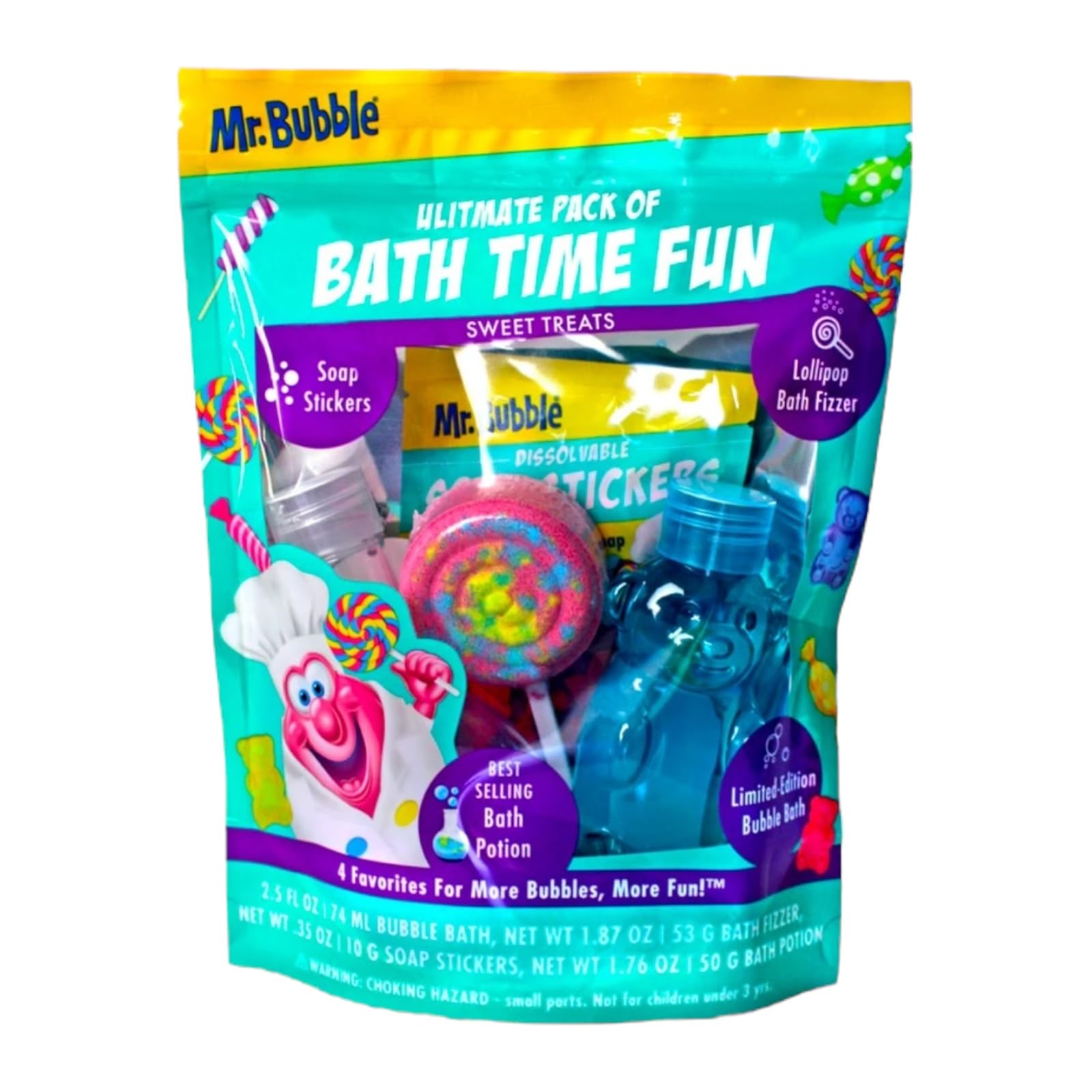 Mr Bubble Sweet Treats Bath Set - Lollipop Fizzer, Gummy Bear Bubble Bath & Bath Potion with Soap Stickers | Fun Kids Bath Time Gift for Birthday & Holidays