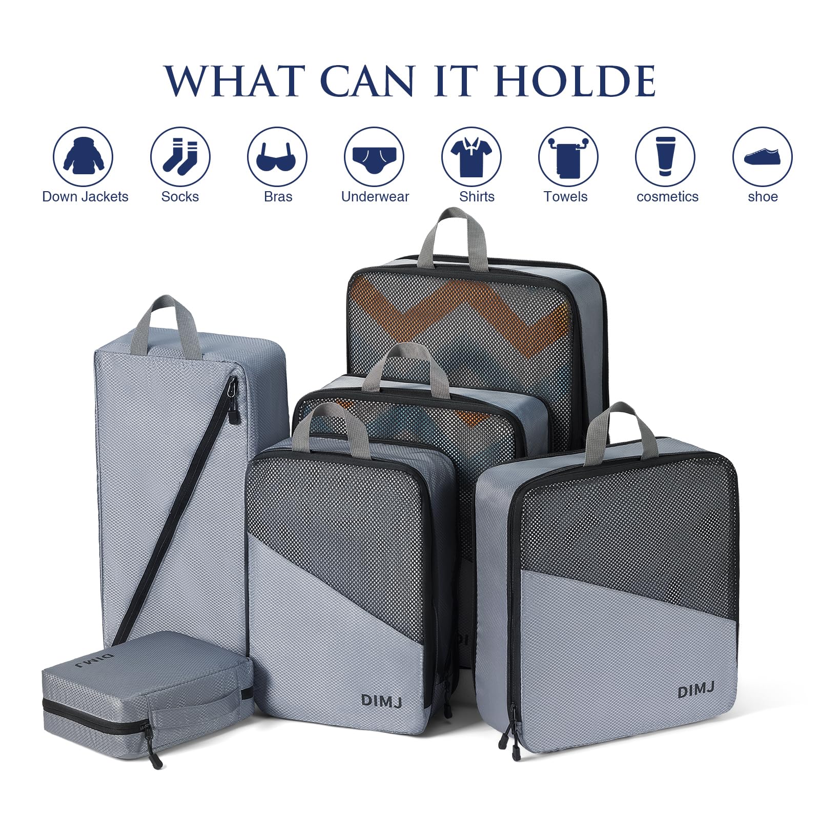 DIMJ Expandable Compression Packing Cubes for Travel - Lightweight Luggage Organizer Set with Shoe Bag, Laundry Bag & Underwear Bag (Grey) | Perfect for Suitcase Organization, Business Trips & Vacation Packing