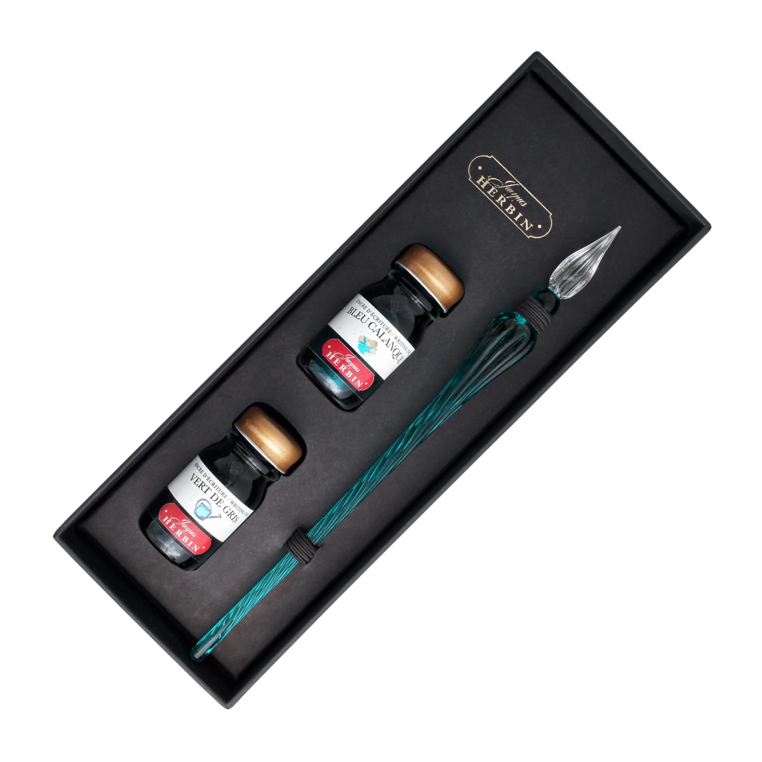 J. Herbin Round Glass Pen and Ink Set - Turquoise Blue Calligraphy Writing Kit for Artists & Beginners | Perfect for Lettering, Sketching & Creative Projects