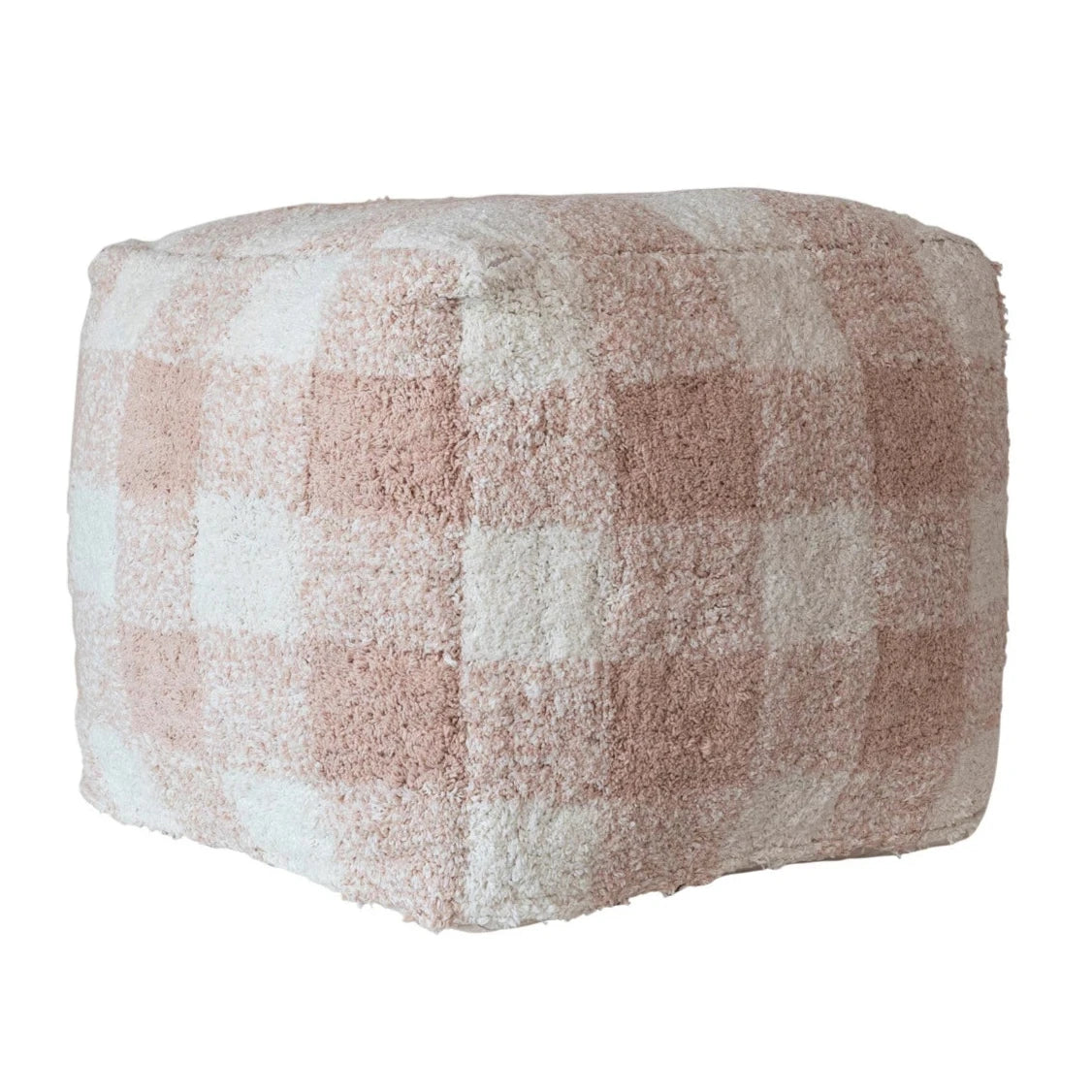 Cozy Cotton Tufted Pink Plaid Pouf Ottoman - Soft Footrest & Living Room Decor Accent for Girls' Bedroom, Nursery or Lounge Area
