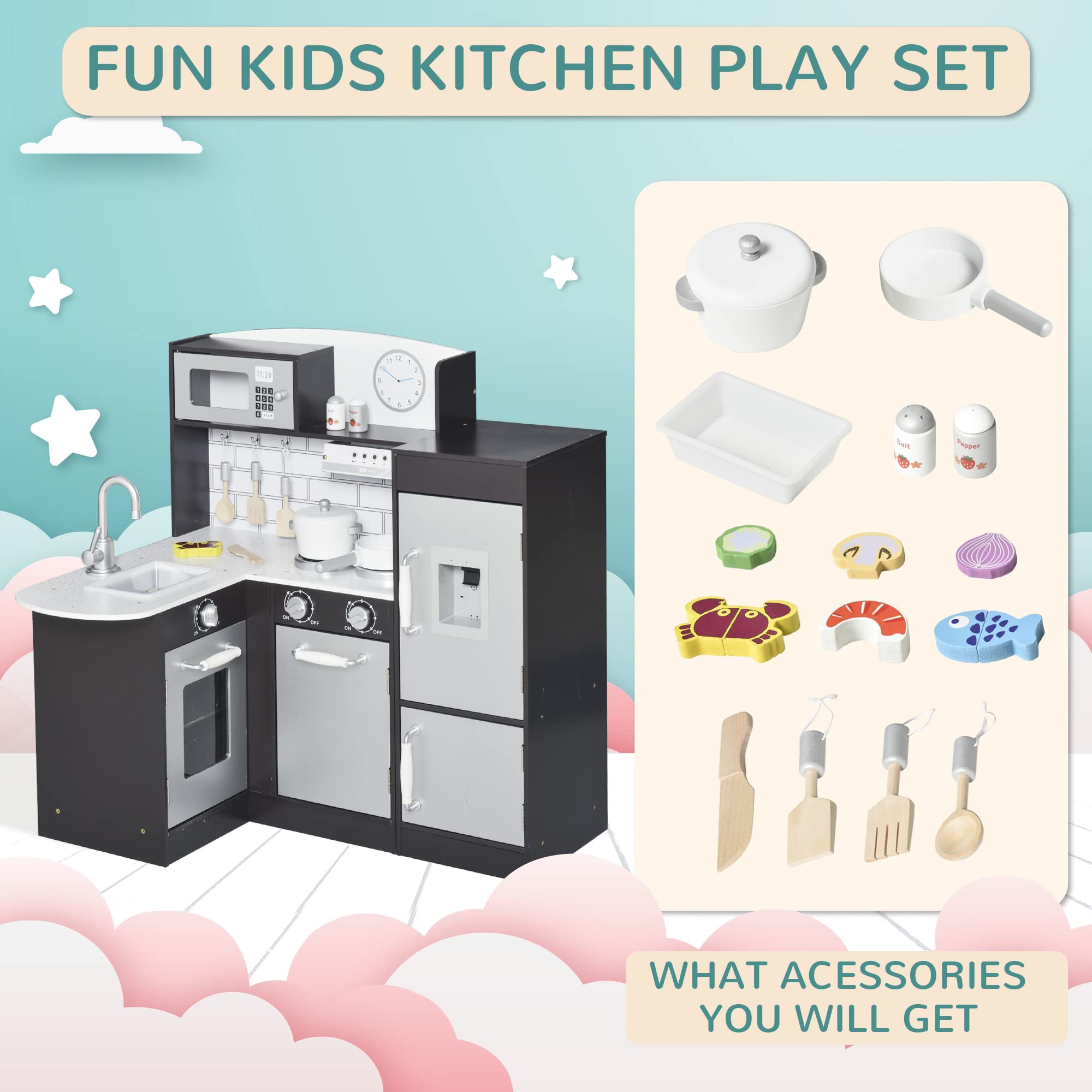 Qaba Corner Kids Wooden Kitchen Playset with Drinking Fountain, Microwave, Fridge & Accessories - Pretend Play Kitchen Toy for Ages 3+ - Perfect for Home, Preschool & Daycare Playrooms