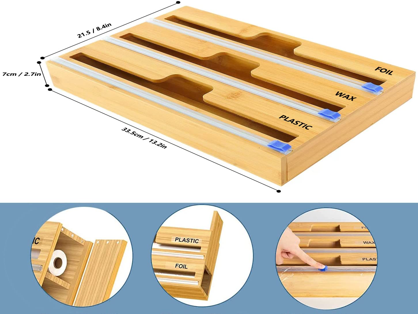 Bamboo Aluminum Foil & Plastic Wrap Dispenser - 3-in-1 Reusable Kitchen Organizer for Food Storage | Eco-Friendly Foil & Cling Film Holder with Bamboo Box | Perfect for Pantry, Countertop & Kitchen Organization