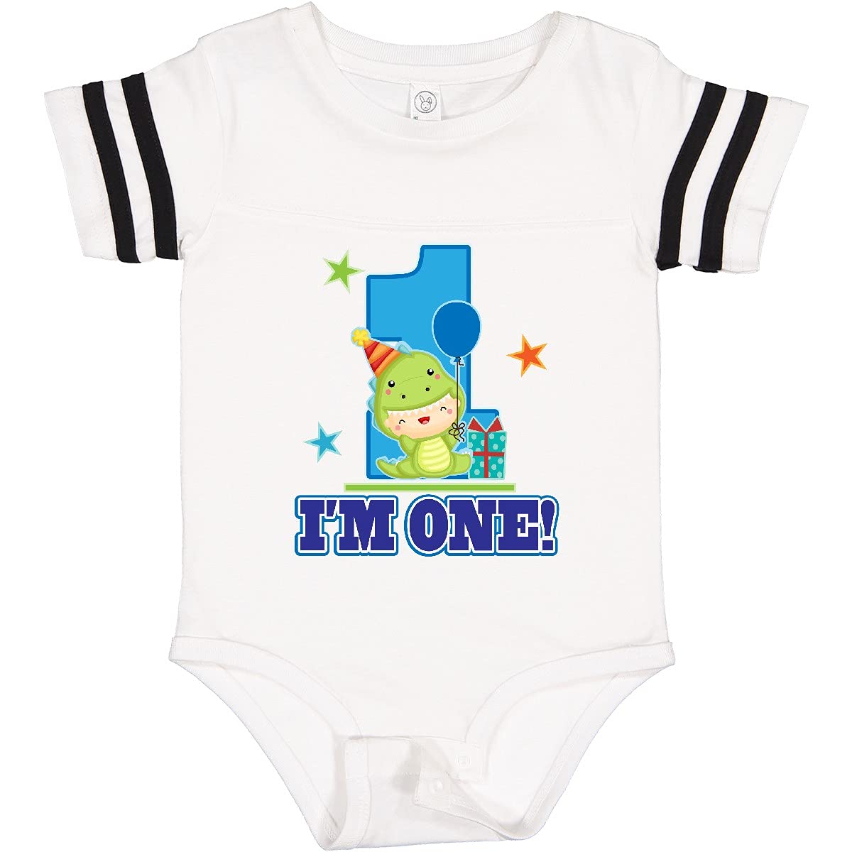 Inktastic First Birthday Baby Dinosaur Balloon Bodysuit - Cute Dino Outfit for 1 Year Old Birthday Party, Baby Shower & Photo Shoots