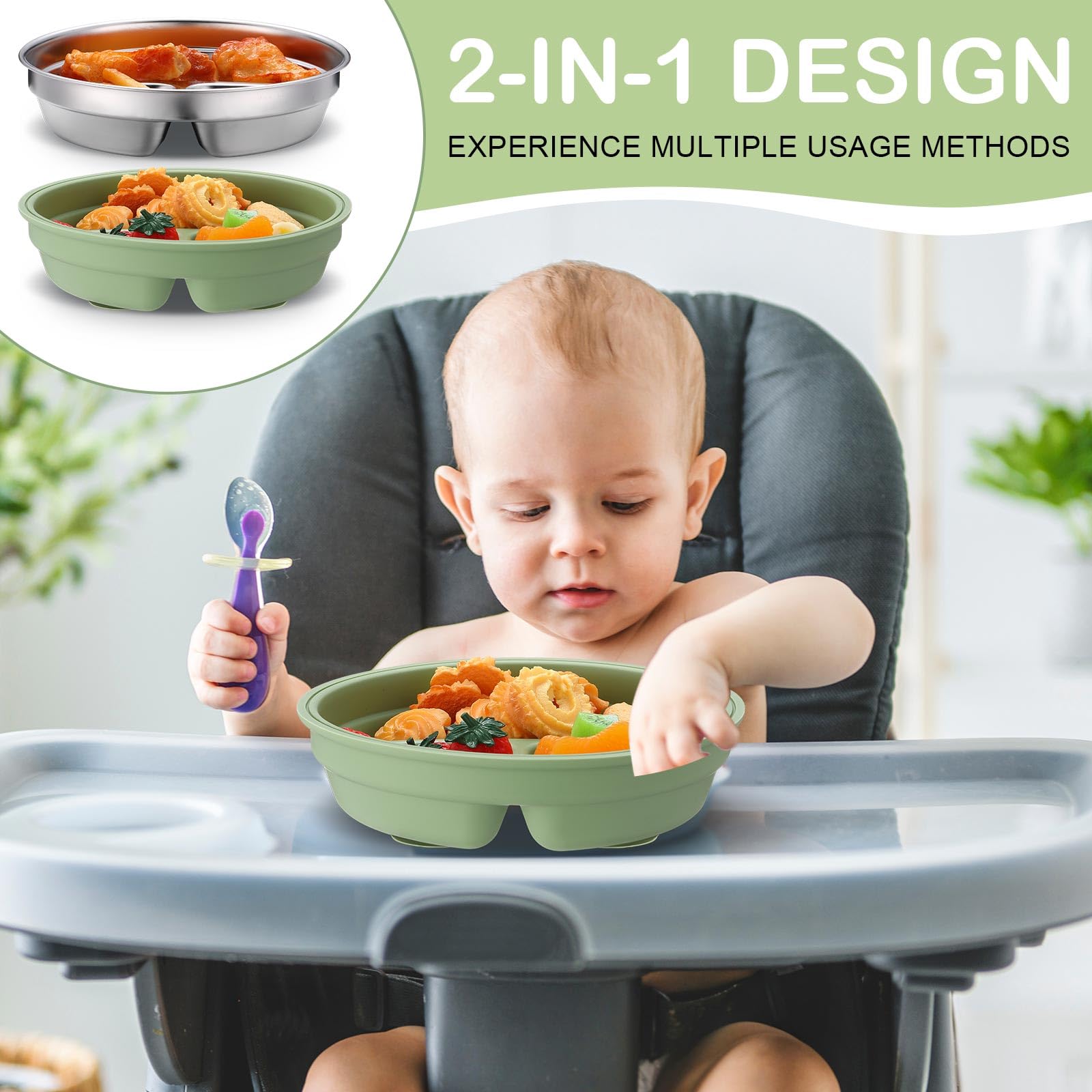 Nuogo 3-Pack Stainless Steel Baby Suction Plates with Removable Silicone Shell - 2-in-1 Divided Toddler Bowls for Picky Eaters | Dishwasher Safe | Perfect for Baby-Led Weaning, Travel & Mess-Free Feeding (Blue, Pink, Green)
