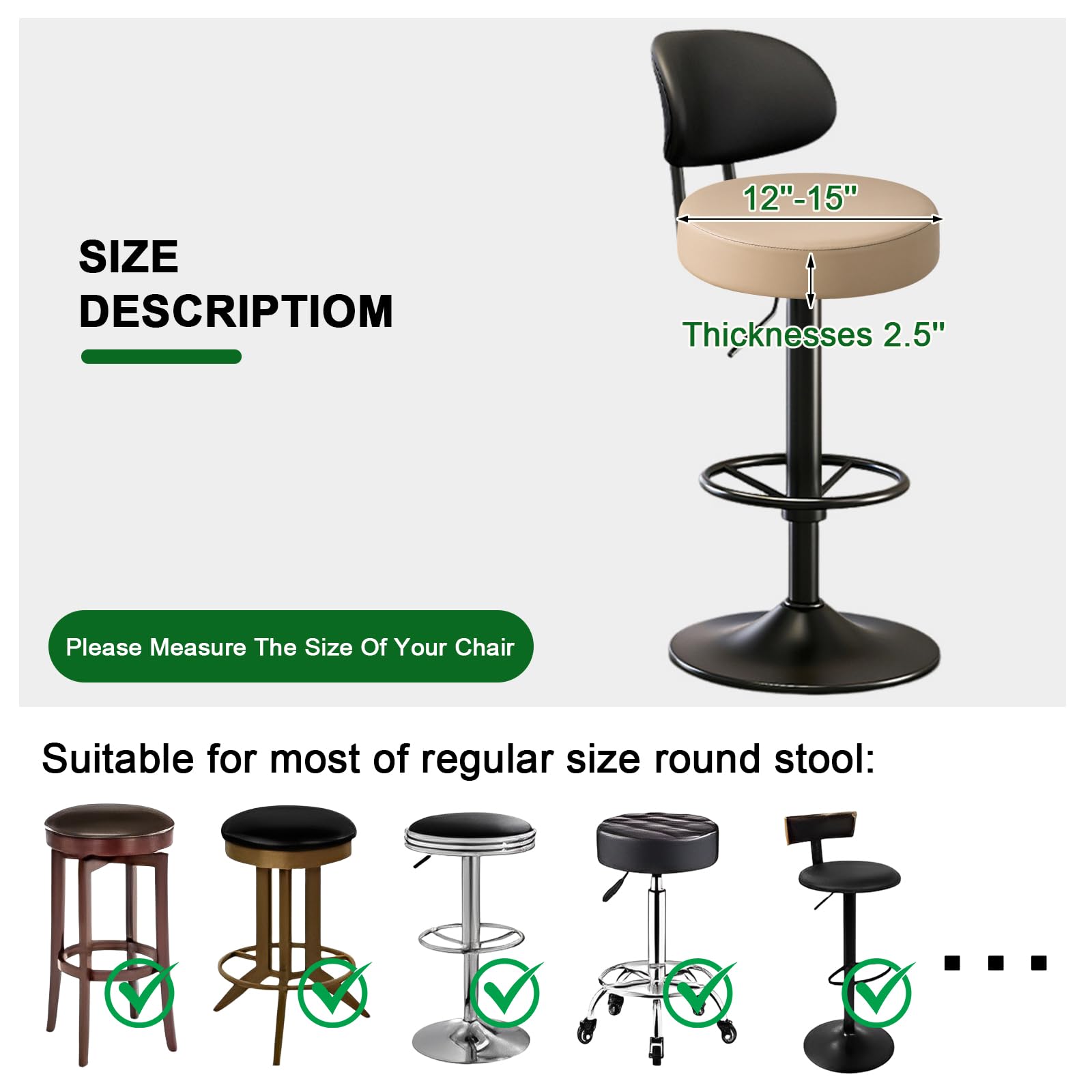 Waterproof PU Bar Stool Covers Set of 2 - Elastic Slipcovers for 12-15 Inch Stools, Washable Khaki-Nude Seat Cushions | Perfect for Kitchen Counter, Breakfast Nook & Home Bar Decor