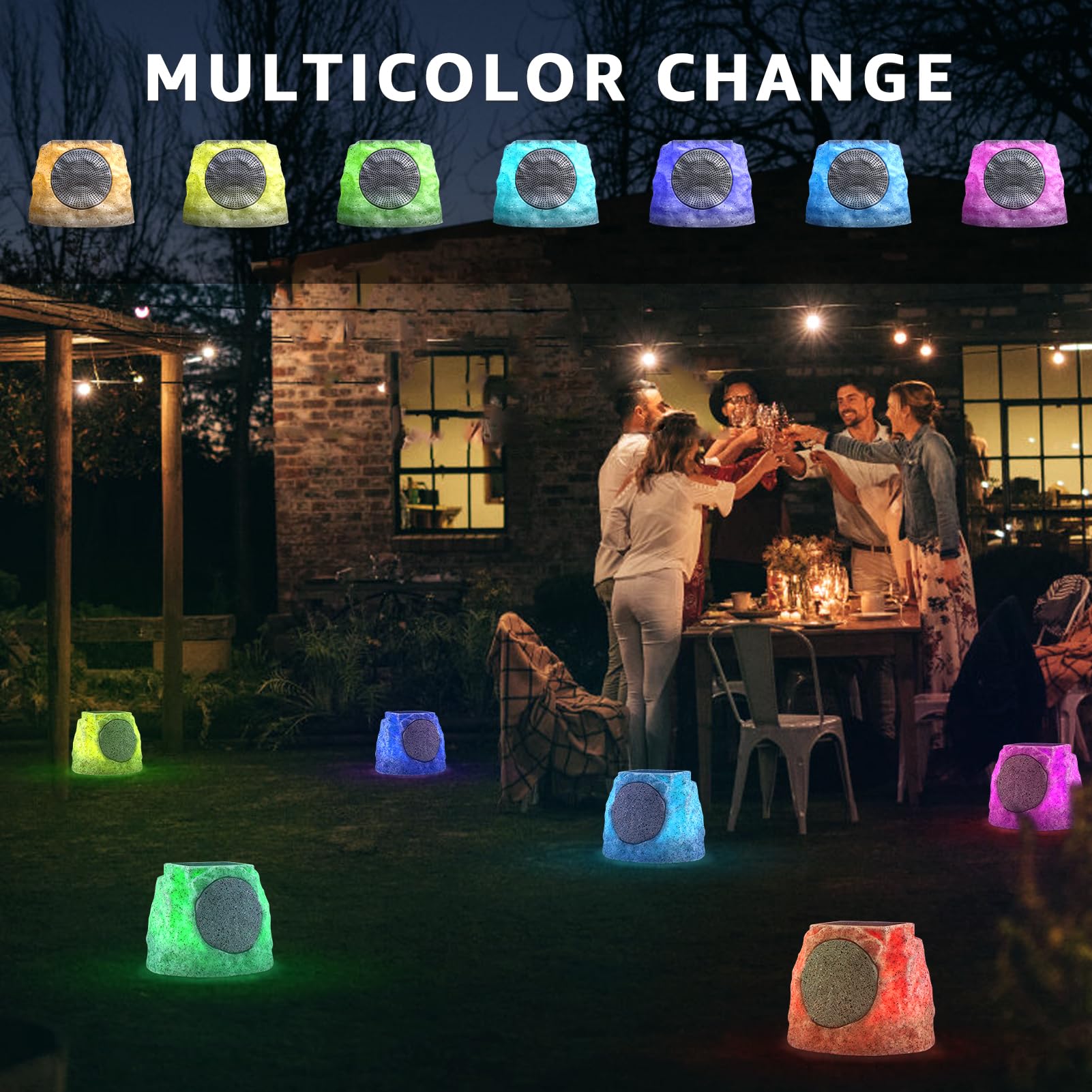 Solar Bluetooth Rock Speakers Outdoor Waterproof - Wireless Solar Powered Garden Speakers with RGB Lights & TWS Pairing for Patio, Deck, BBQ, Pool Party and Backyard Entertainment