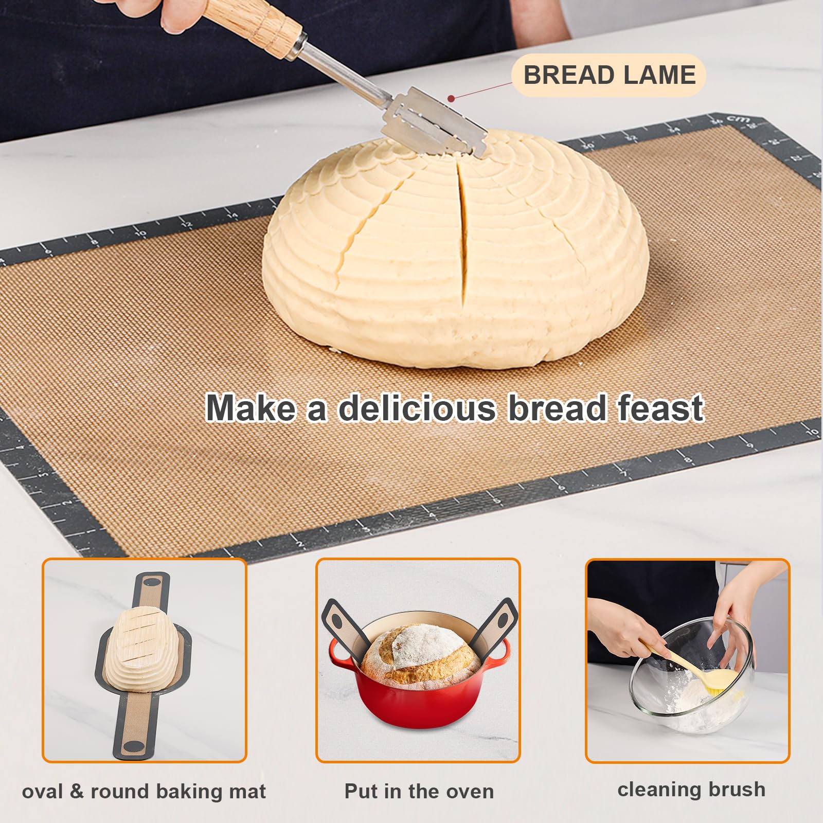 Banneton Bread Proofing Basket Set - 10 Inch Oval & 9 Inch Round Sourdough Proofing Baskets with Silicone Baking Mat & Danish Dough Whisk - Perfect Baker's Gift for Artisan Bread Baking at Home