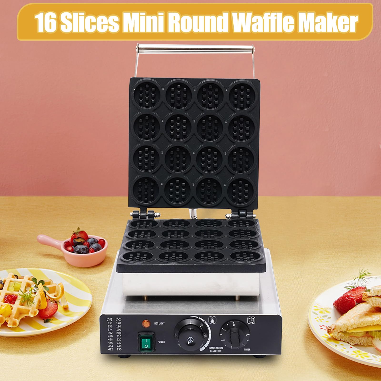 Commercial Belgian Waffle Maker - 1750W Nonstick Electric Waffle Iron with Time & Temperature Control, 16 Mini Round Waffles, 110V Stainless Steel for Restaurants, Cafes & Home Breakfast - Perfect for Waffle Bars, Brunch Parties & Quick Snacks