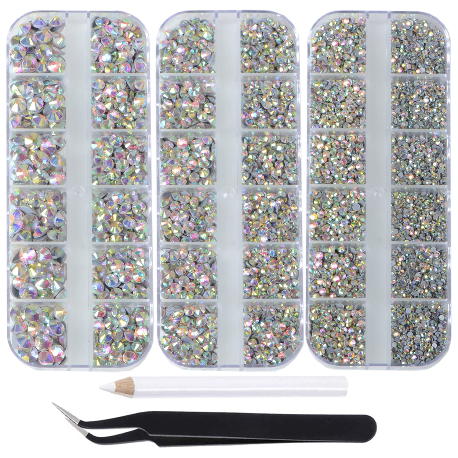 6500pcs Flatback Glass Rhinestones Kit - Hotfix Iron On Crystals for DIY Crafts, Clothes, Shoes, Bags & Nail Art | Includes 1 Tweezer & 1 Picking Pen | Crystal AB Mix (6 Sizes) - Perfect for Costume Design, Fashion Embellishments & Wedding Decorations
