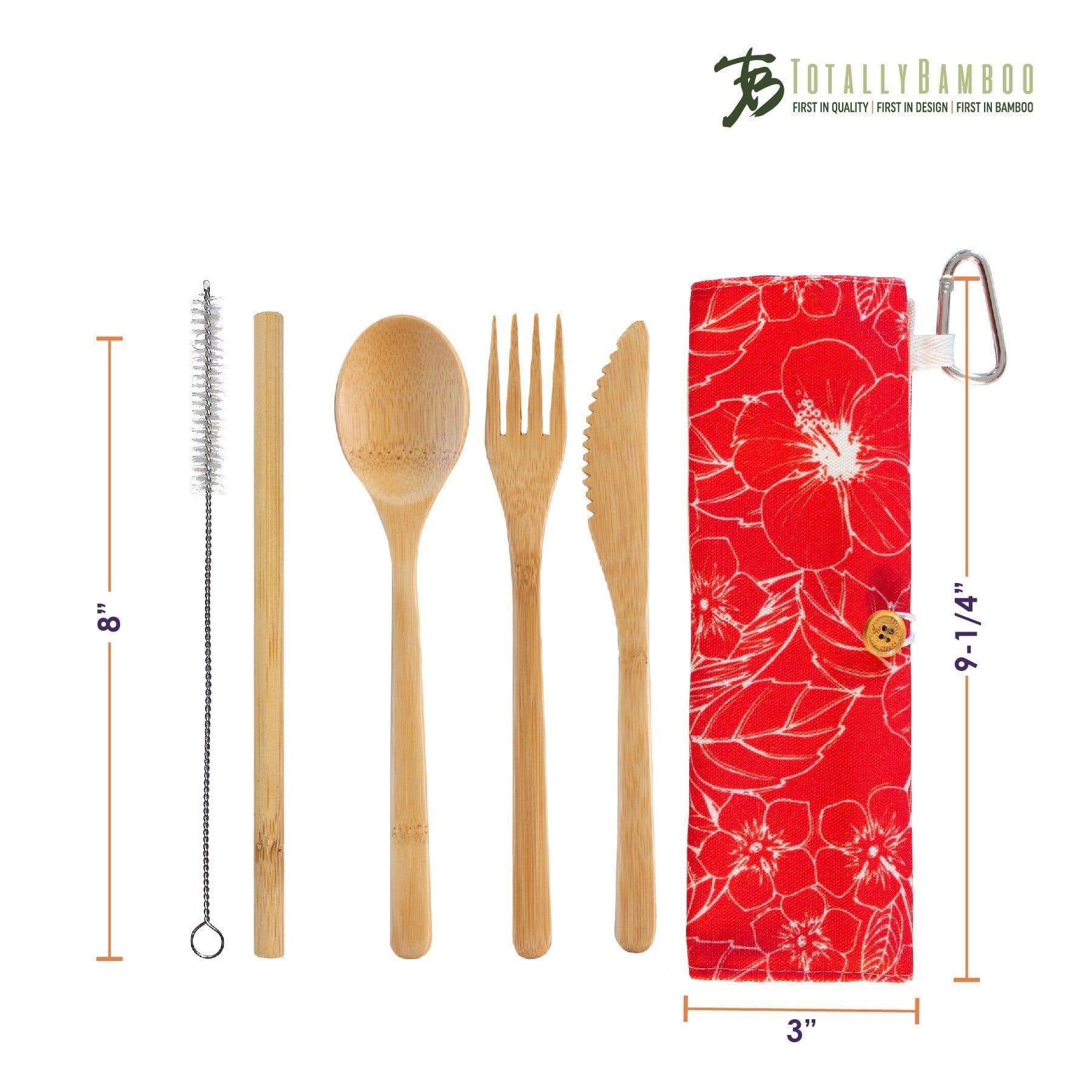 Eco-Friendly Reusable Utensil Set with Hibiscus Travel Roll - Portable Cutlery Kit for Camping, Picnics & Office Lunch - BPA-Free Stainless Steel Fork Spoon Knife Set with Carrying Case