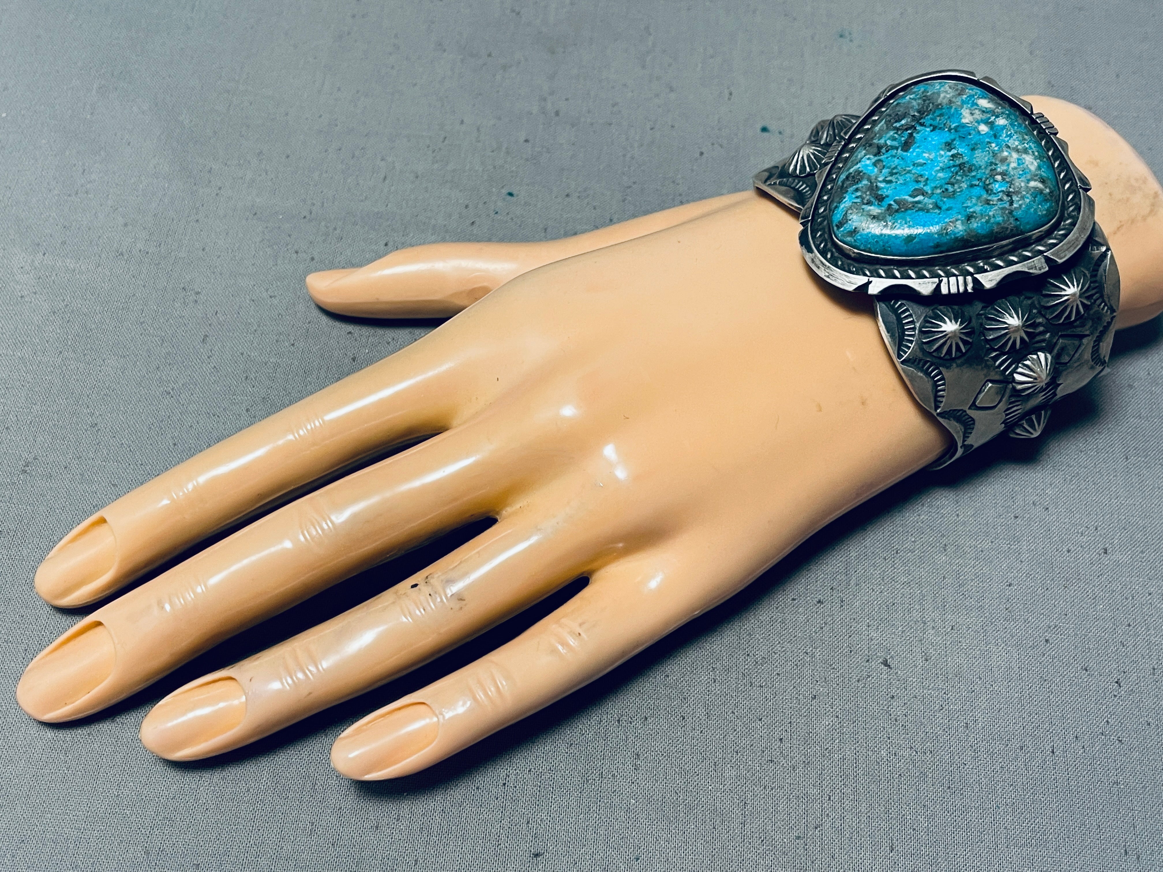 121 Gram Heavy Native American Navajo Pilot Mountain Turquoise Sterling Silver Bracelet - Handmade Jewelry for Women, Boho Chic Accessories, Perfect for Weddings & Special Occasions