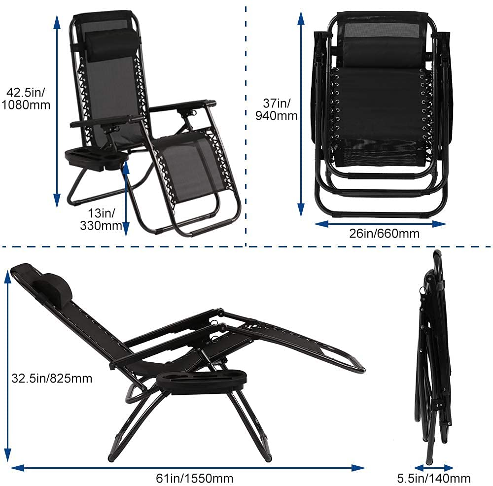 Best Folding Reclining Lounge Chair with Pillow & Cup Holder - Adjustable Massage Chair for Pool, Backyard, Beach, Patio - Comfortable Outdoor Relaxation (Black)
