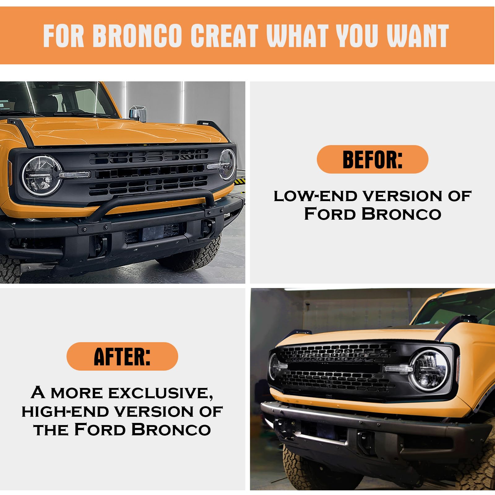High-Quality Matte Black Front Grille Compatible with Ford Bronco 2021-2025 | Perfect Fit for 2-Door & 4-Door Models | Durable Bumper Grille Accessory for Off-Road & Street Driving