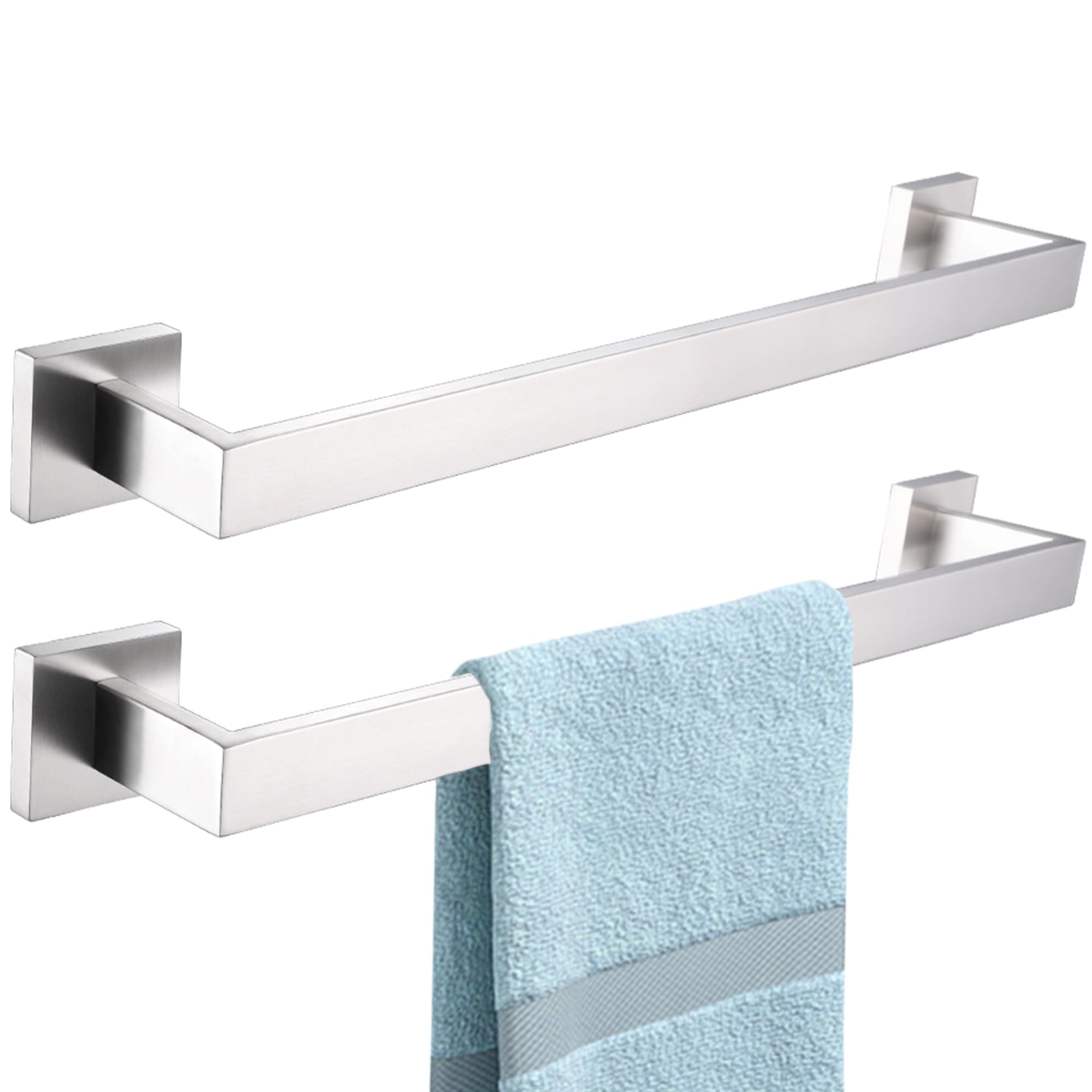 16 Inch Brushed Nickel Square Towel Bars - 2 Pack Stainless Steel Wall Mounted Bathroom & Kitchen Towel Racks for Hand/Shower Towels (A8804-4BN) - Perfect for Modern Bathrooms, Guest Rooms & Spa-Style Showers