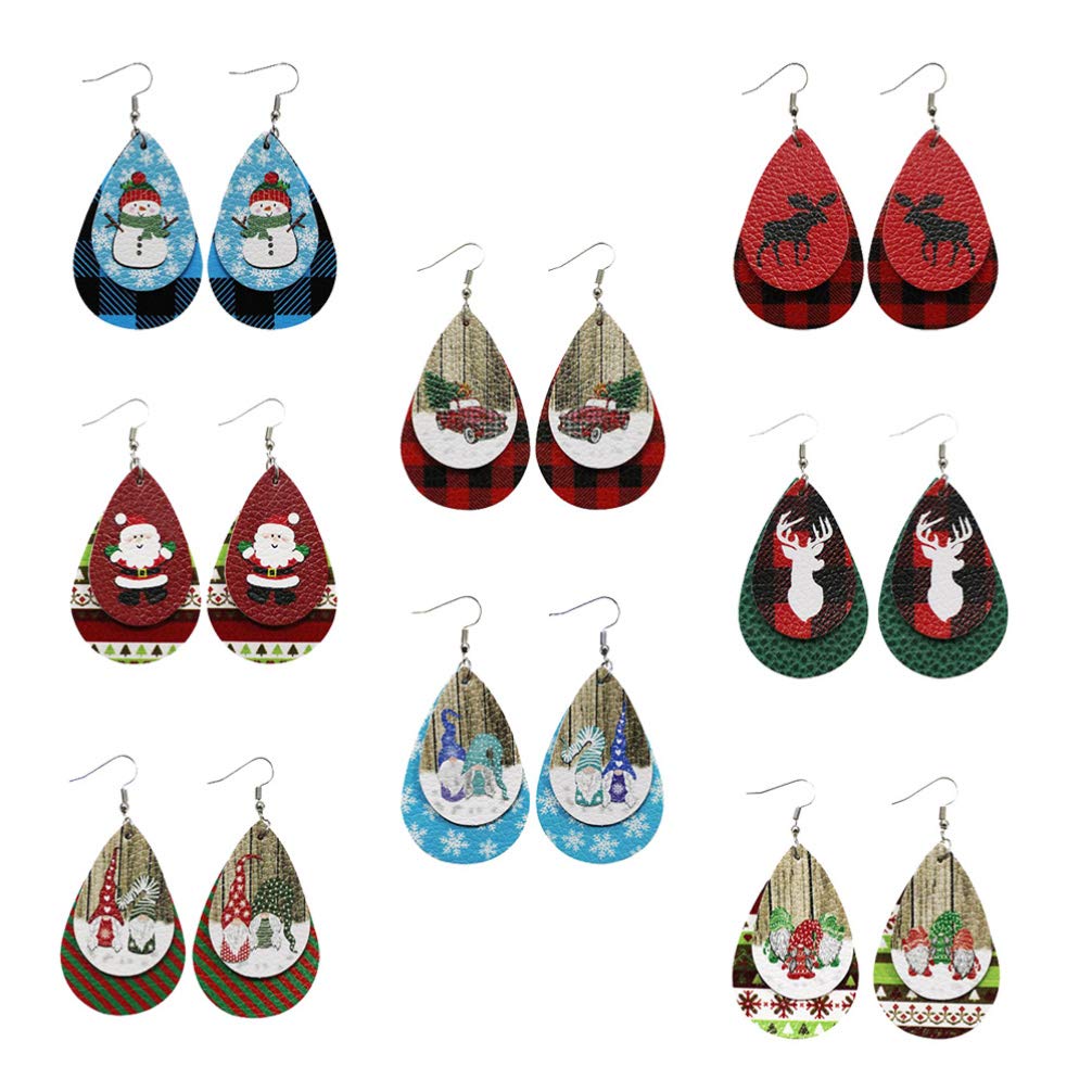 Happyyami 8 Pairs Christmas Earrings - Leather Teardrop Santa Claus & Snowman Dangle Earrings for Women | Holiday Party, Gift Exchange & Festive Outfit Accessories