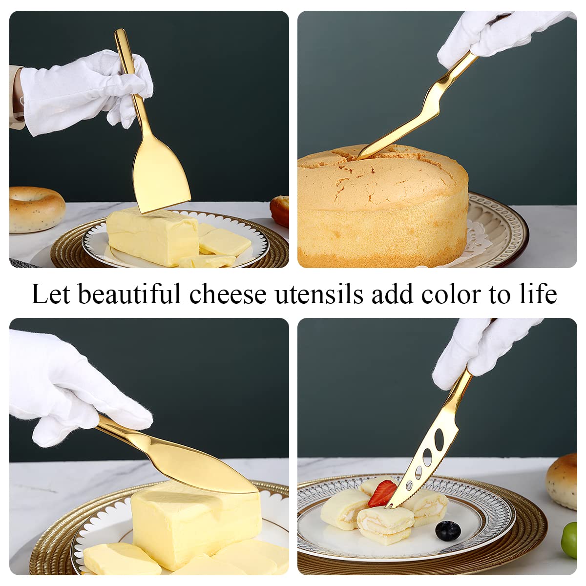 Premium 5-Piece Gold Cheese Knife Set - Titanium Plated Cheese Slicer & Butter Spreader - Ergonomic Handle for Comfortable Cutting - Perfect for Cheese Boards, Charcuterie & Dinner Parties