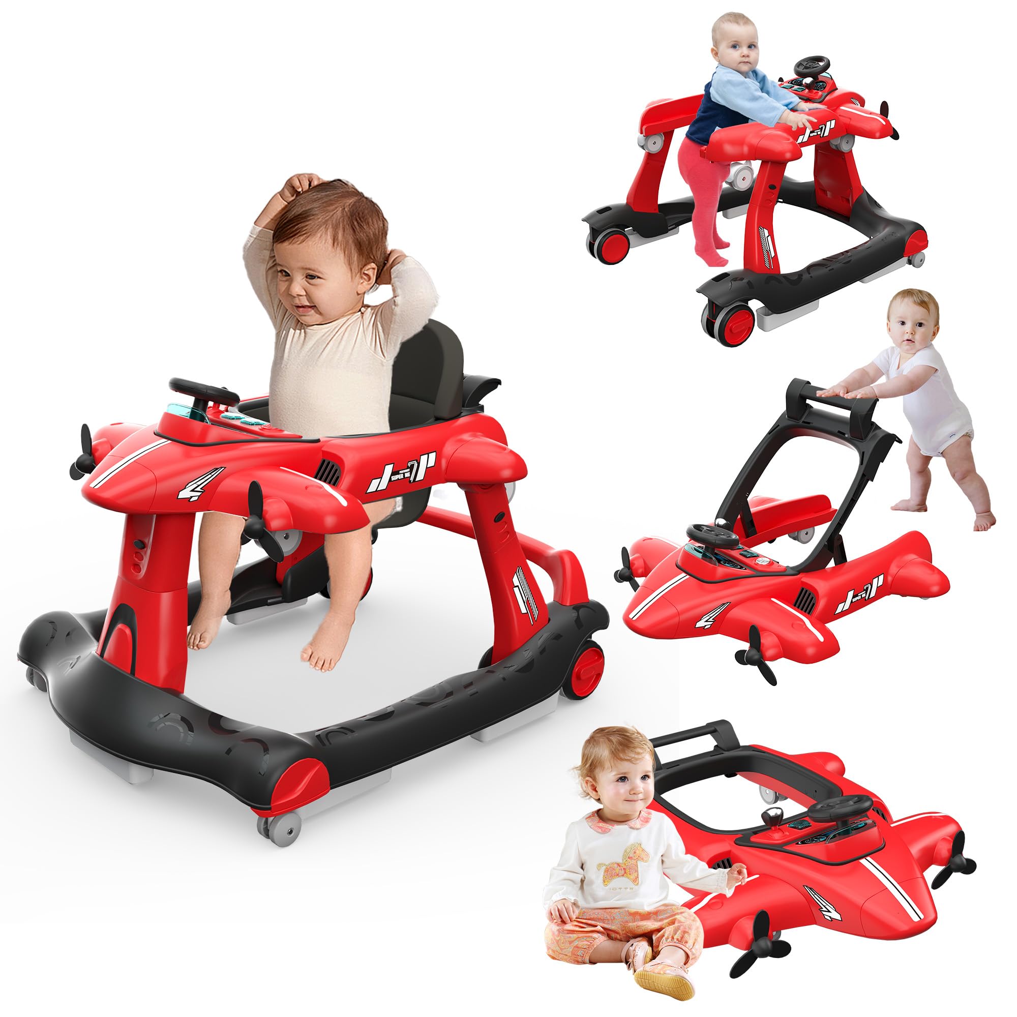 6-in-1 Foldable Baby Walker with Adjustable Height & Speed - Airplane-Themed Activity Push Walker with Music, Lights & Anti-Slip Wheels - Perfect for Boys & Girls 6-18 Months - Ideal for Learning to Walk, Indoor Play & Developmental Activities